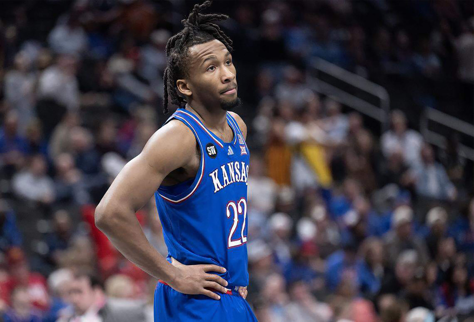 Kansas guard Darryn Peterson (22) takes in the scene as the Jayhawks head to a 69-47 Big 12 Tournament semifinal loss against Houston at T-Mobile Center in Kansas City, Missouri, on March 13, 2026. (Tammy Ljungblad/The Kansas City Star/Tribune News Service via Getty Images)