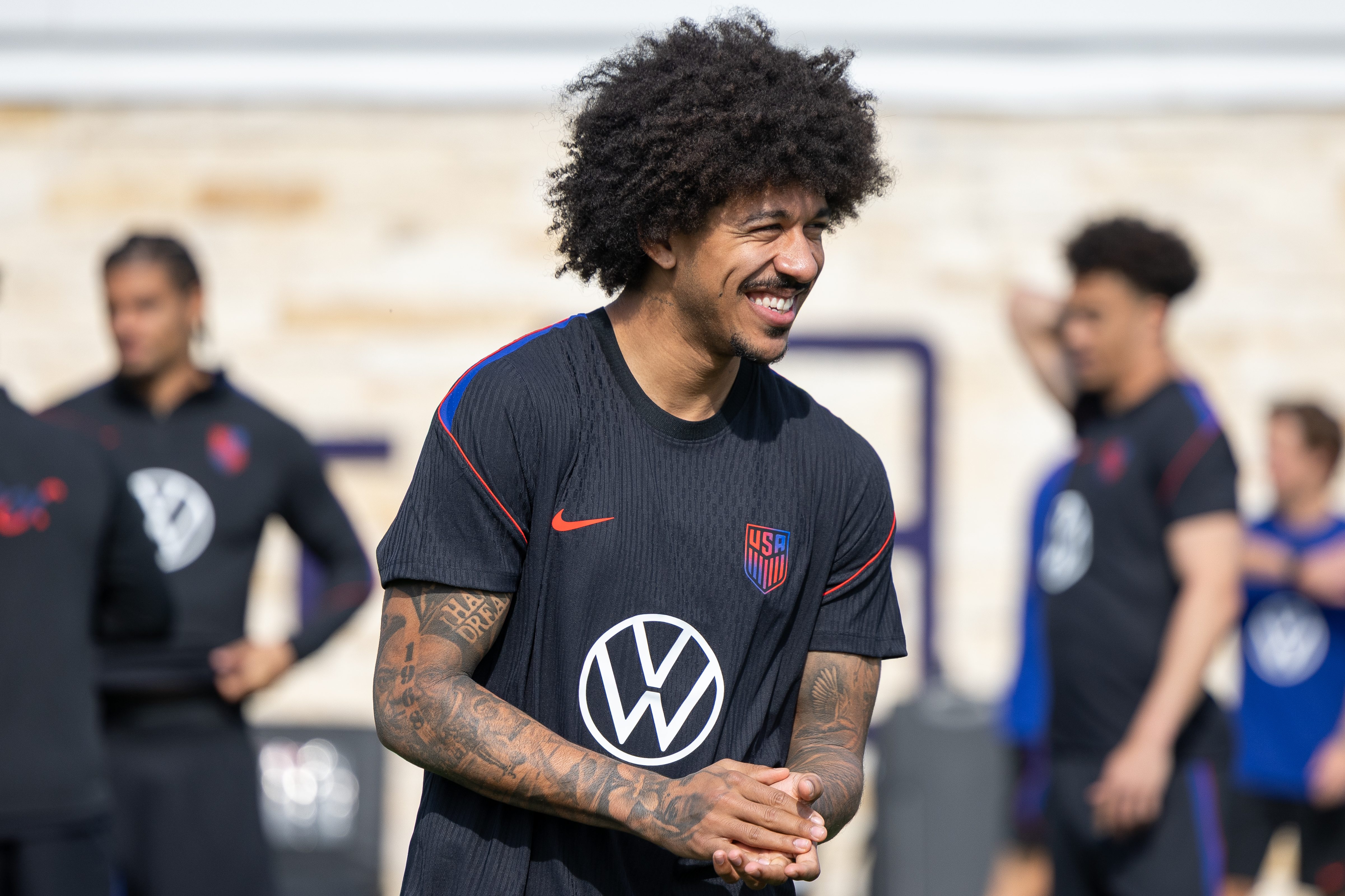 MARIETTA, GEORGIA - MARCH 23: Chris Richards of the United States warm ups during the USMNT training at Children's Healthcare of Atlanta Training Ground on March 23, 2026 in Marietta, Georgia. (Photo by John Dorton/ISI Photos/USSF/Getty Images)
