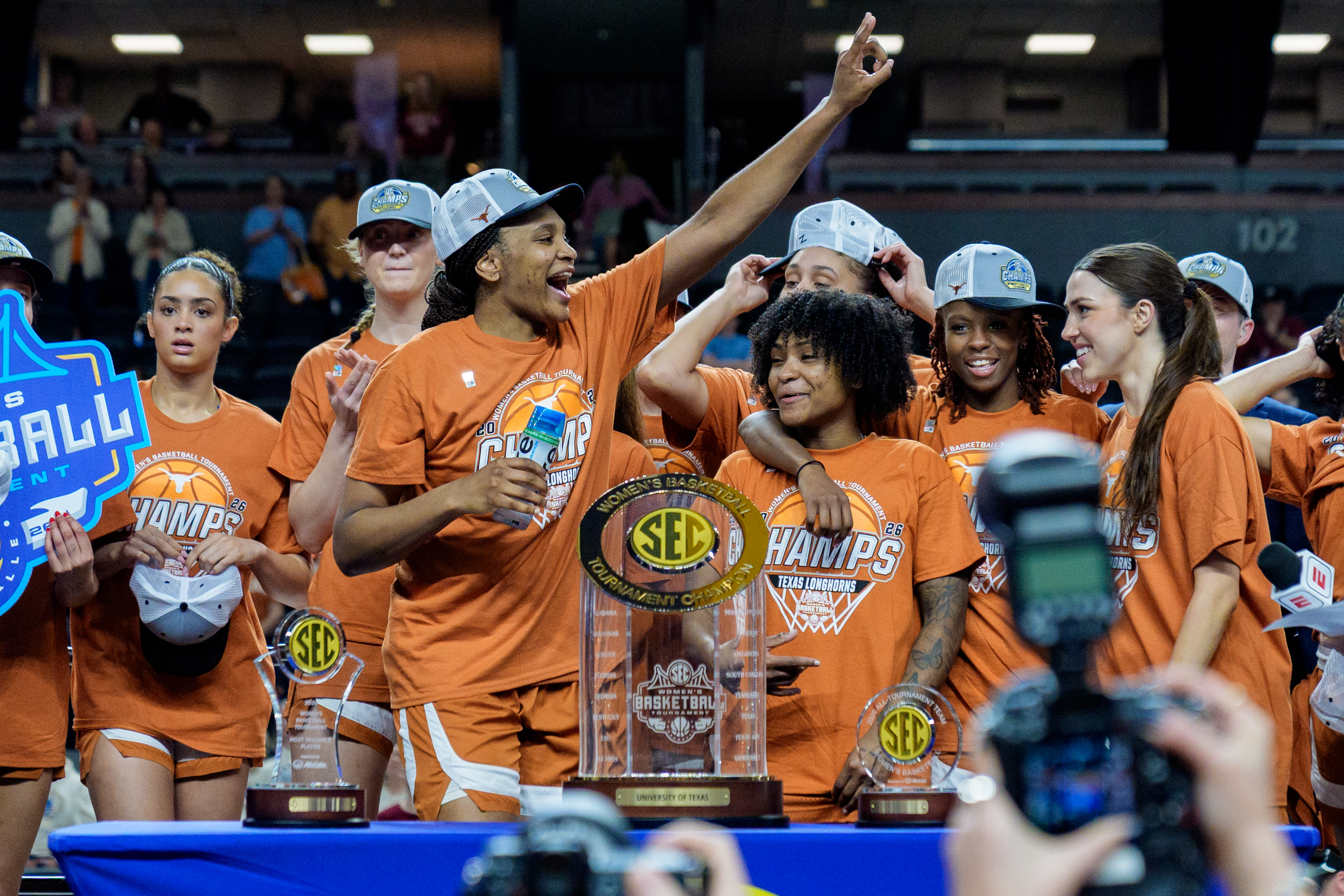 Texas celebrates its takedown of South Carolina in the 2026 SEC Championship game. (Photo by Jacob Kupferman/Getty Images)
