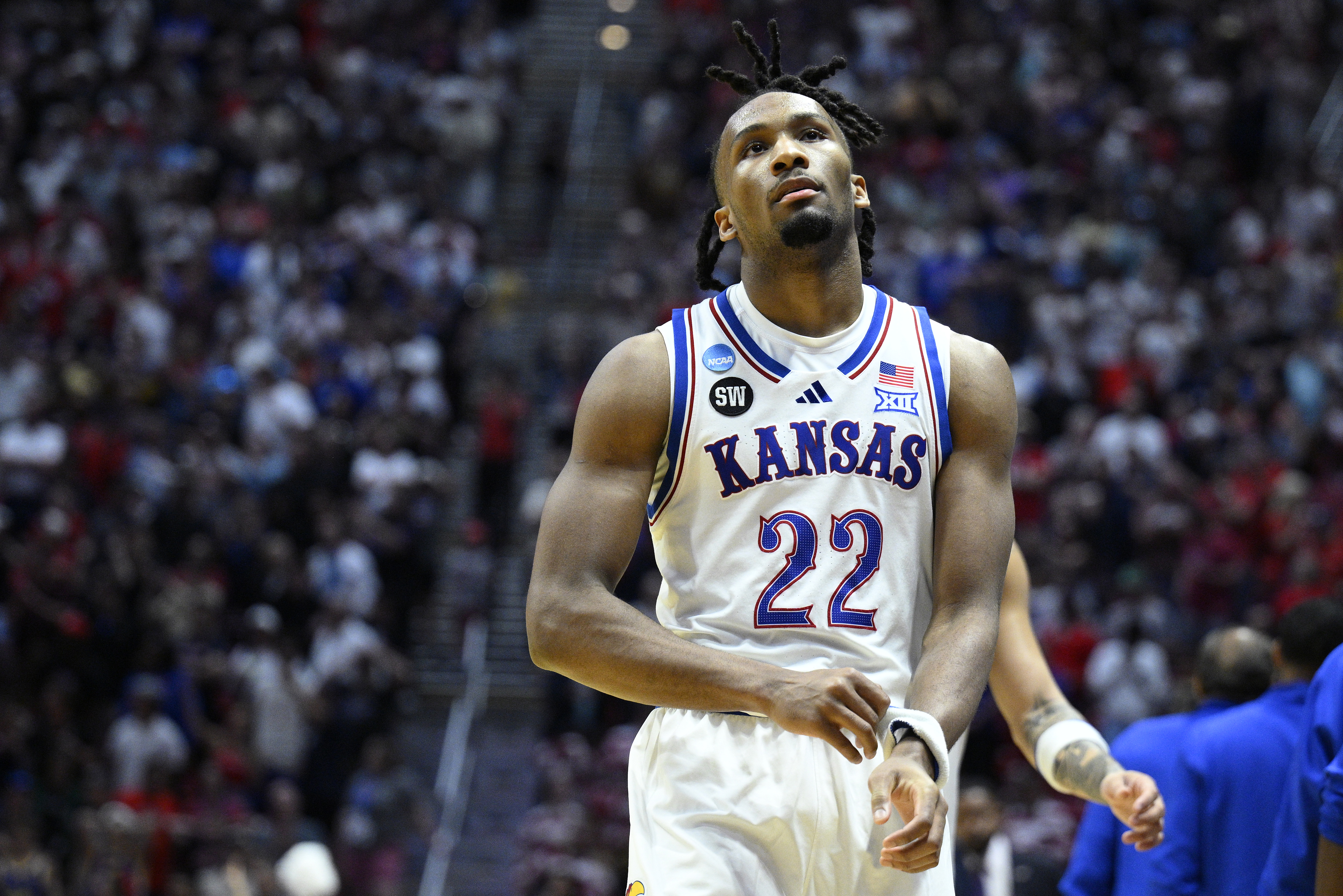 SAN DIEGO, CALIFORNIA - MARCH 22: Darryn Peterson #22 of the Kansas Jayhawks reacts after the game against the St. John's Red Storm in the second round of the 2026 NCAA Men's Basketball Tournament at Viejas Arena at San Diego State University on March 22, 2026 in San Diego, California. (Photo by Orlando Ramirez/Getty Images)