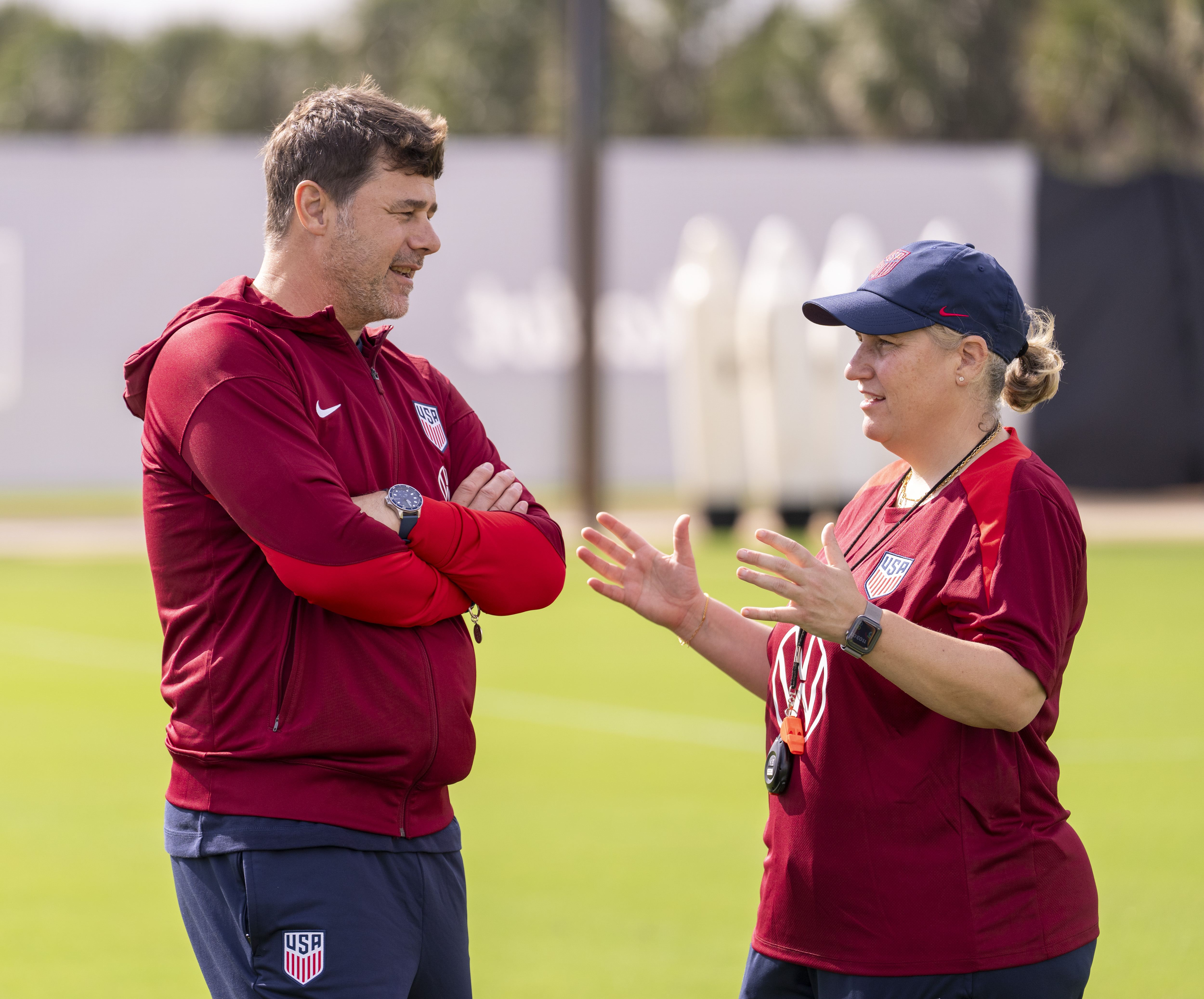 FORT LAUNDERDALE, FL - JANUARY 19: Mauricio Pochettino and Emma Hayes of the United States talk on the field during USWNT training at Florida Blue Training Center on January 19, 2025 in Fort Launderdale, Florida. (Photo by Brad Smith/ISI Photos/USSF/Getty Images for USSF)