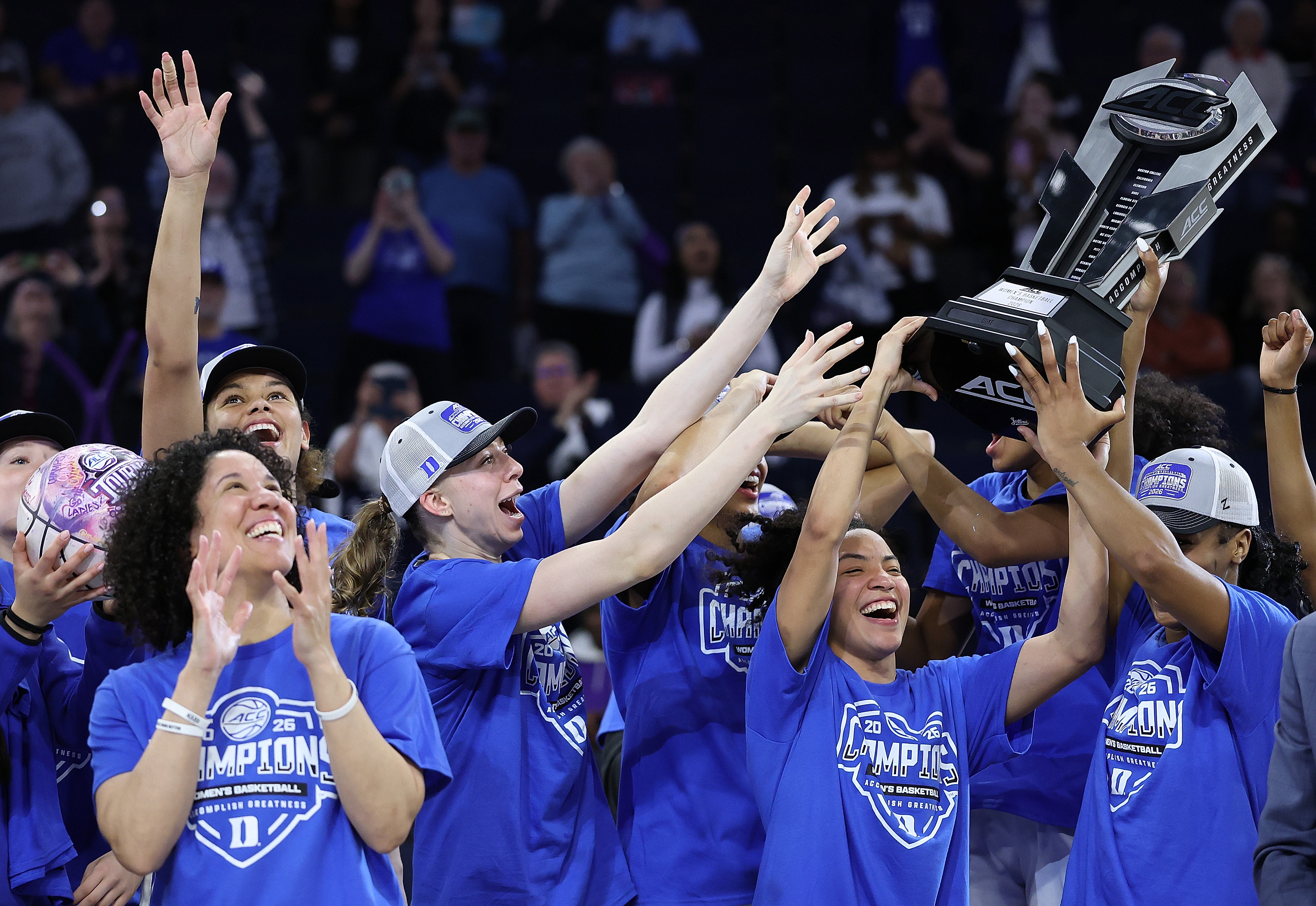 DULUTH, GEORGIA - MARCH 08:  The Duke Blue Devils celebrate winning the Women's ACC Championship over the Louisville Cardinals at Gas South Arena on March 08, 2026 in Duluth, Georgia. (Photo by Kevin C. Cox/Getty Images)