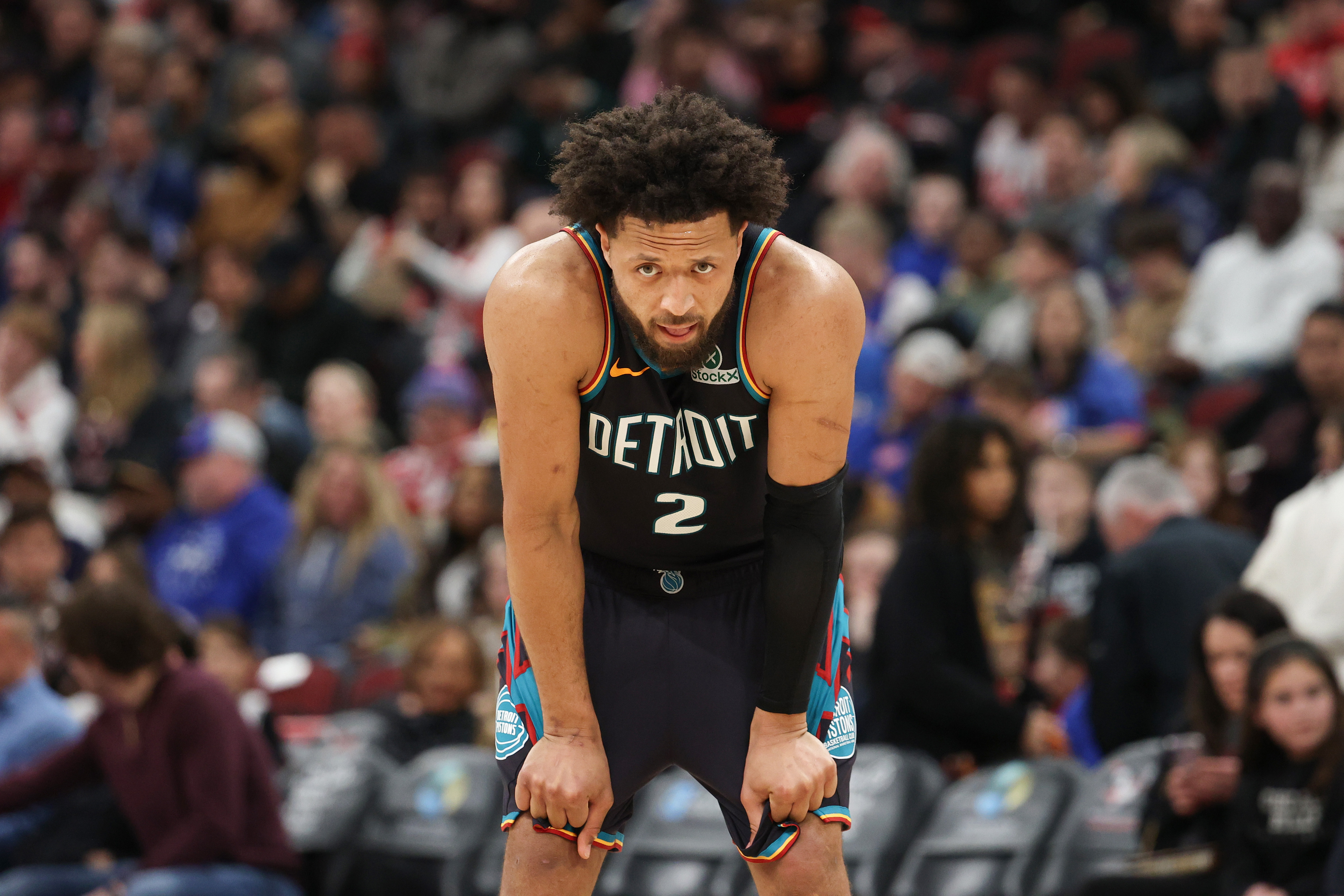 CHICAGO, ILLINOIS - FEBRUARY 21: Cade Cunningham #2 of the Detroit Pistons looks on against the Chicago Bulls during the second half at the United Center on February 21, 2026 in Chicago, Illinois. NOTE TO USER: User expressly acknowledges and agrees that, by downloading and or using this photograph, User is consenting to the terms and conditions of the Getty Images License Agreement. (Photo by Jayden Mack/Getty Images)