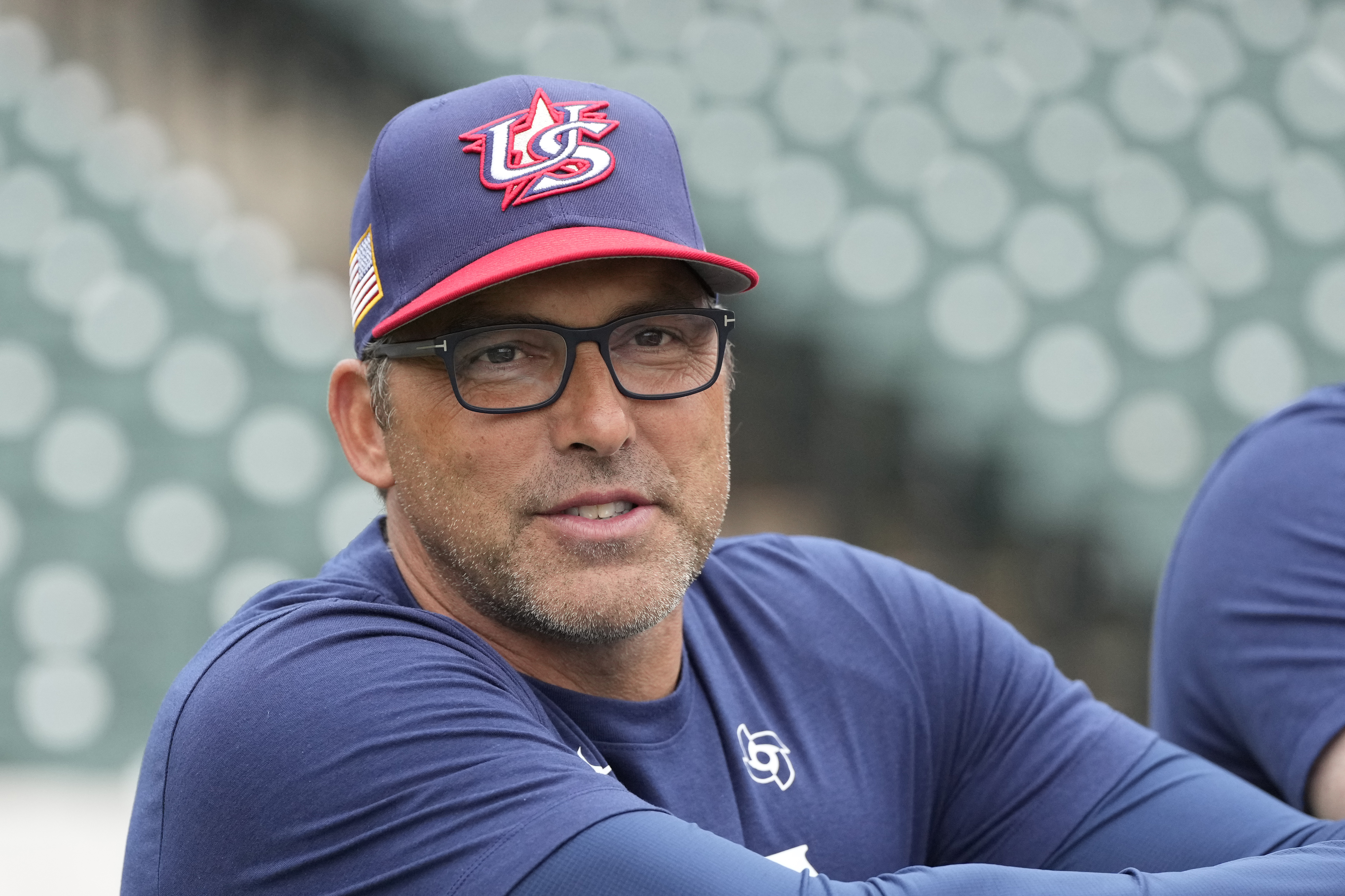 HOUSTON, TX - MARCH 08: Mark DeRosa #9 of Team USA looks on during the 2026 World Baseball Classic workout day at Constellation Field on Sunday, March 8, 2026 in Houston, Texas. (Photo by Kevin M. Cox/WBCI/MLB Photos via Getty Images)