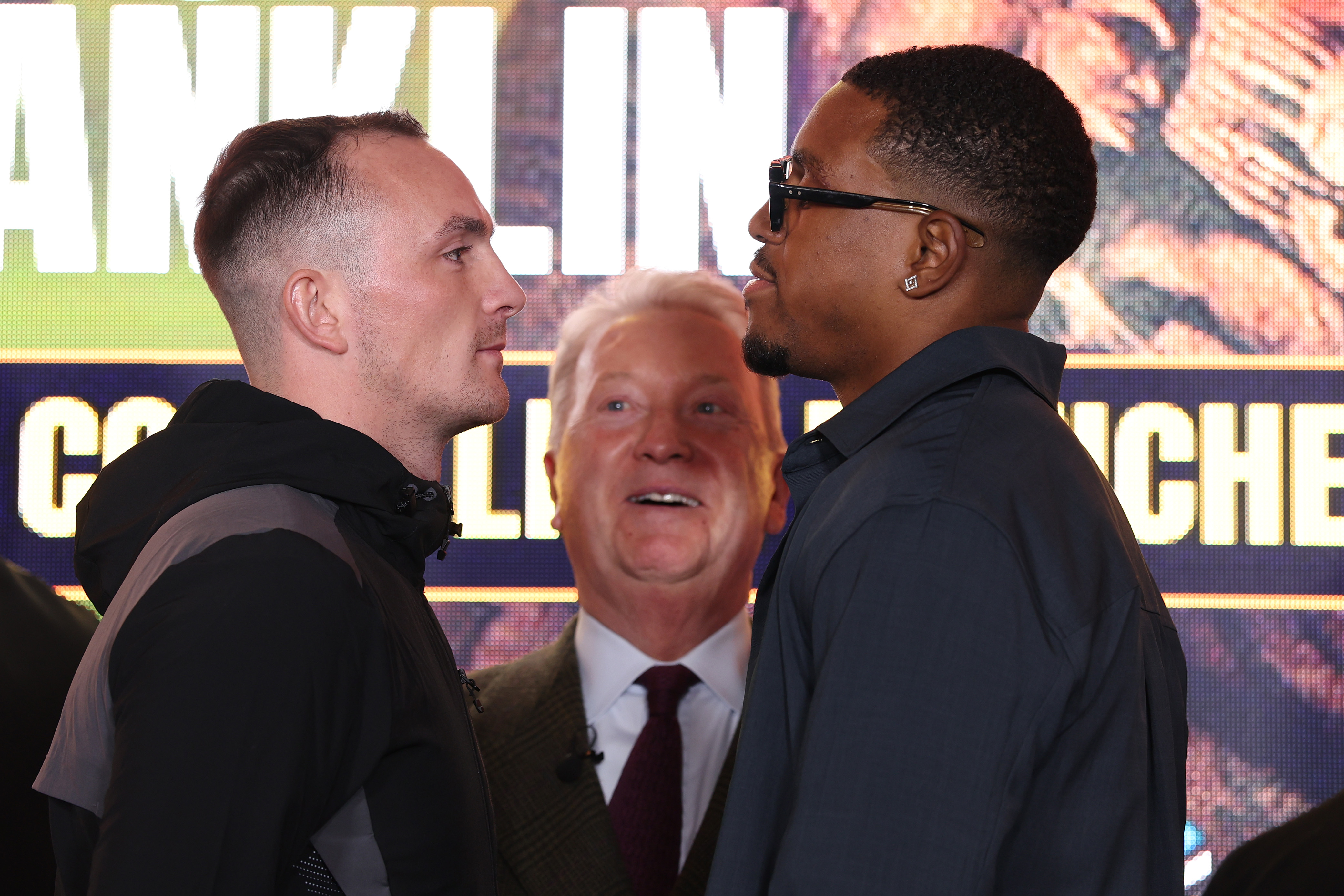 MANCHESTER, ENGLAND - NOVEMBER 17: Willy Hutchinson and Ezra Taylor go head to head during the Magnificent 7 Launch Press Conference at Co-op Live on November 17, 2025 in Manchester, England. (Photo by Alex Livesey/Getty Images)