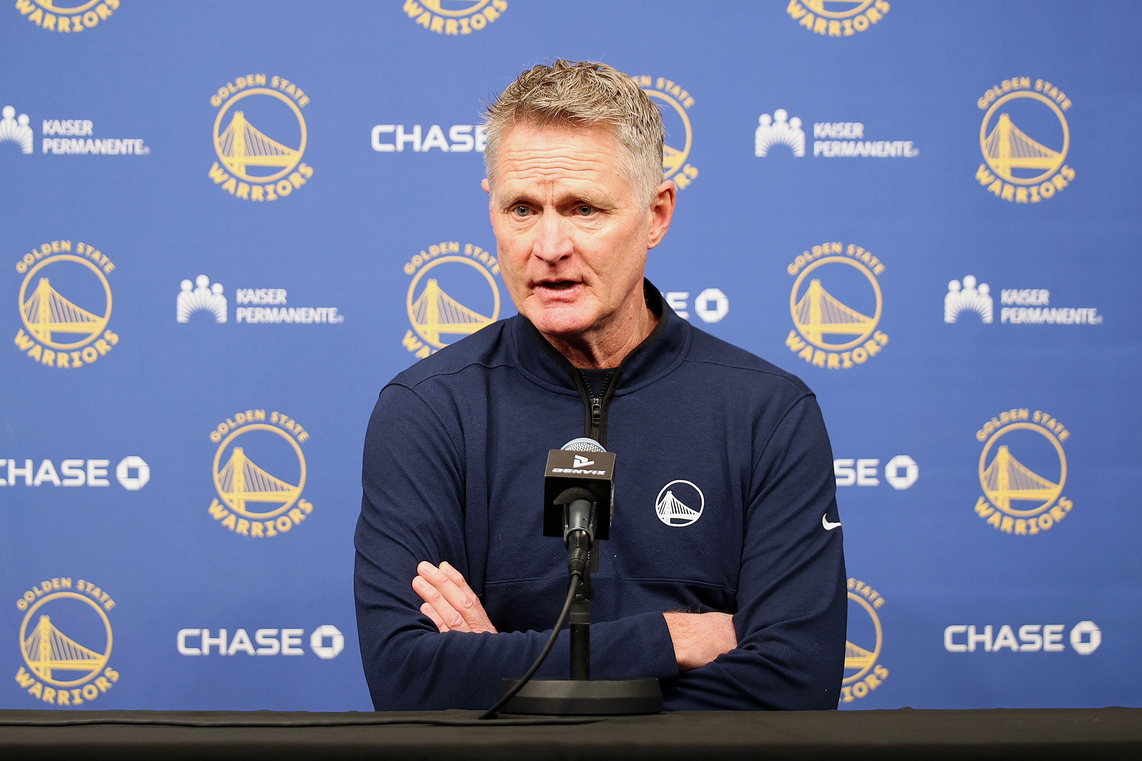 MINNEAPOLIS, MINNESOTA - JANUARY 25: Head Coach Steve Kerr of the Golden State Warriors talks to the media during a press conference after the game against the Minnesota Timberwolves at Target Center on January 25, 2026 in Minneapolis, Minnesota. NOTE TO USER: User expressly acknowledges and agrees that, by downloading and or using this photograph, User is consenting to the terms and conditions of the Getty Images License Agreement. (Photo by David Berding/Getty Images)