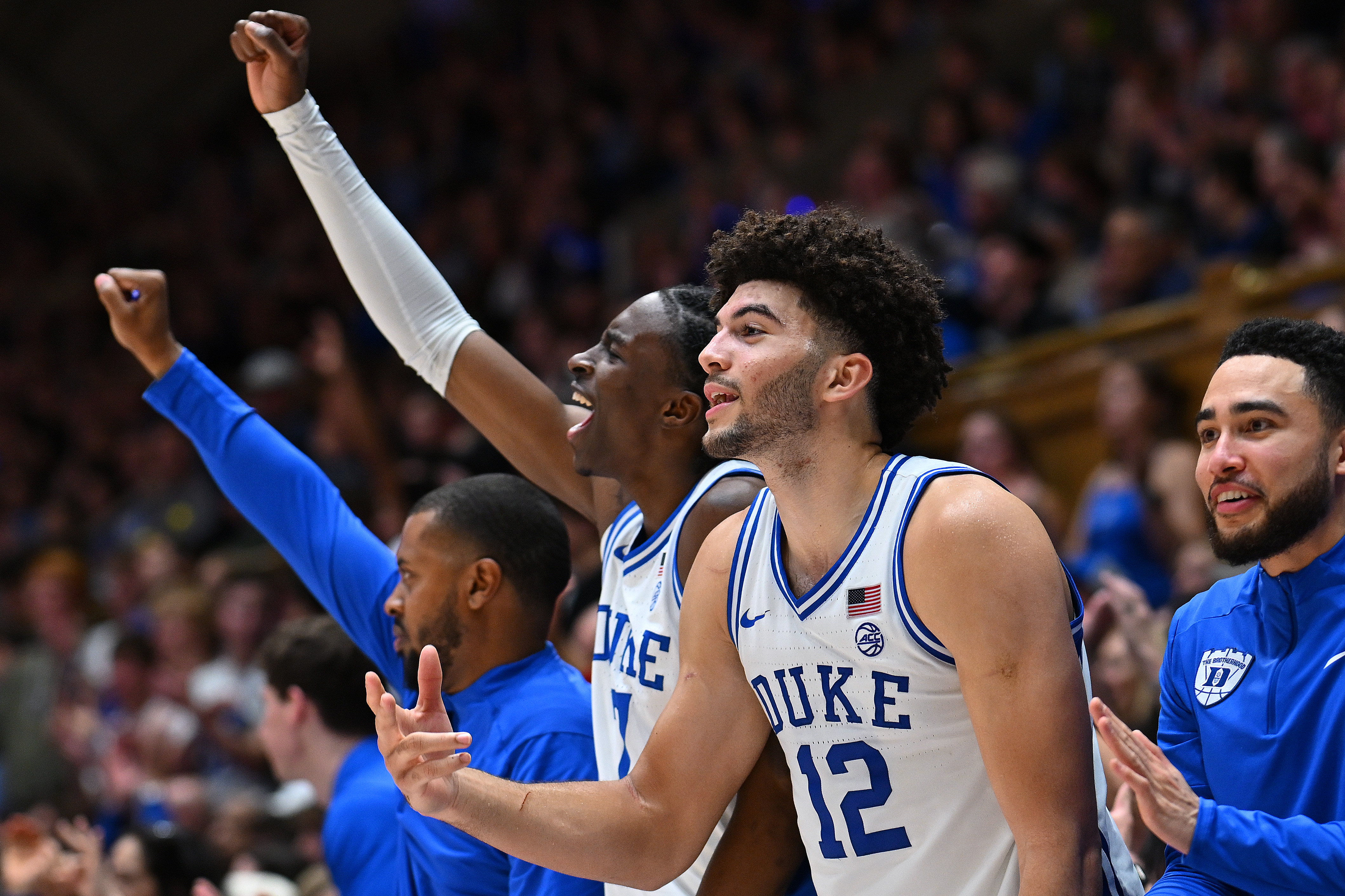 Cameron Boozer (12) leads the Duke Blue Devils, who are the No. 1 overall seed in the NCAA tournament. (Photo by Grant Halverson/Getty Images)