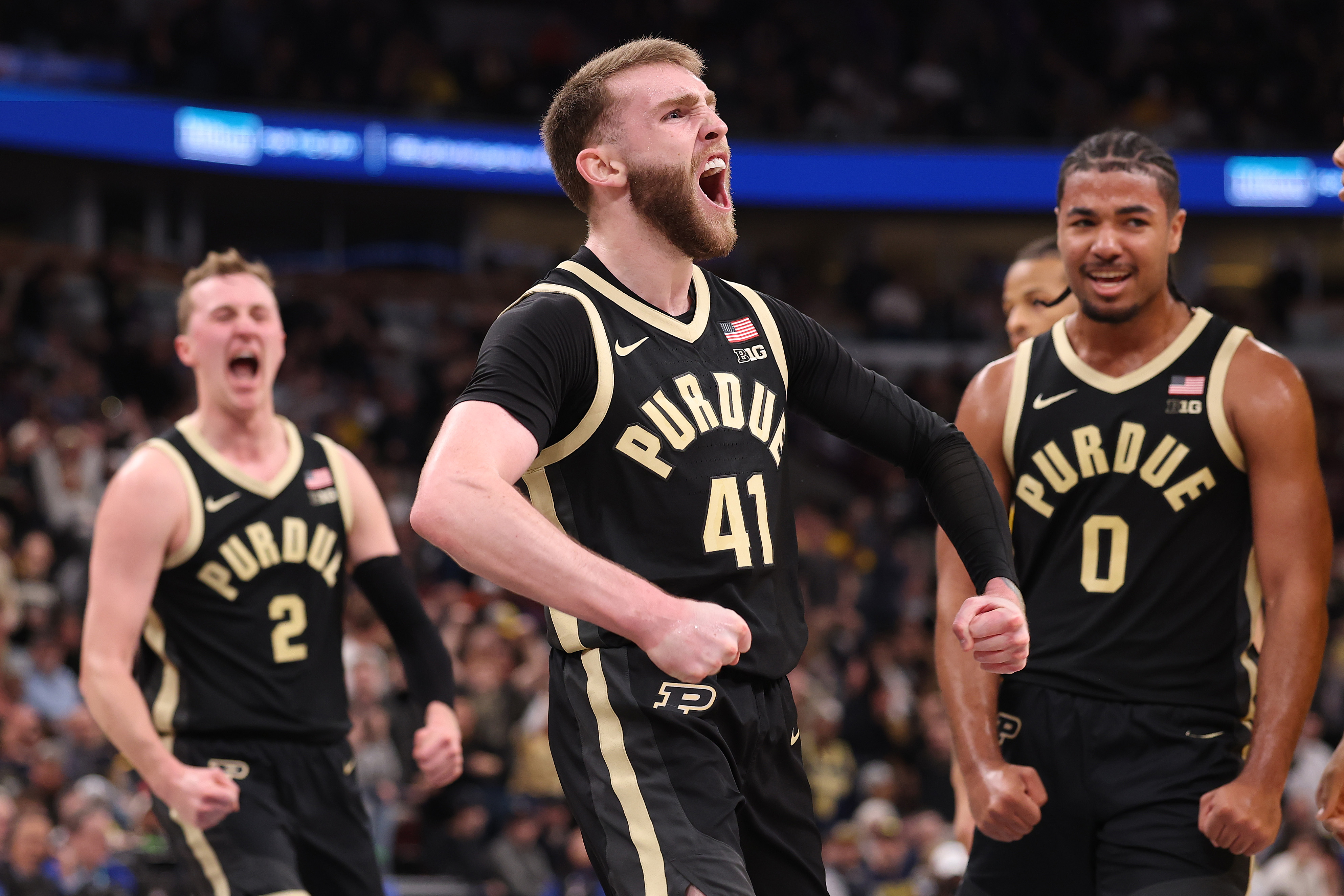 CHICAGO, ILLINOIS - MARCH 15: Braden Smith #41 of the Purdue Boilermakers celebrates a basket and a foul against the Michigan Wolverinesduring the second half of the 2026 Big Ten Men's Basketball Tournament Championship game at the United Center on March 15, 2026 in Chicago, Illinois.  (Photo by Michael Reaves/Getty Images)