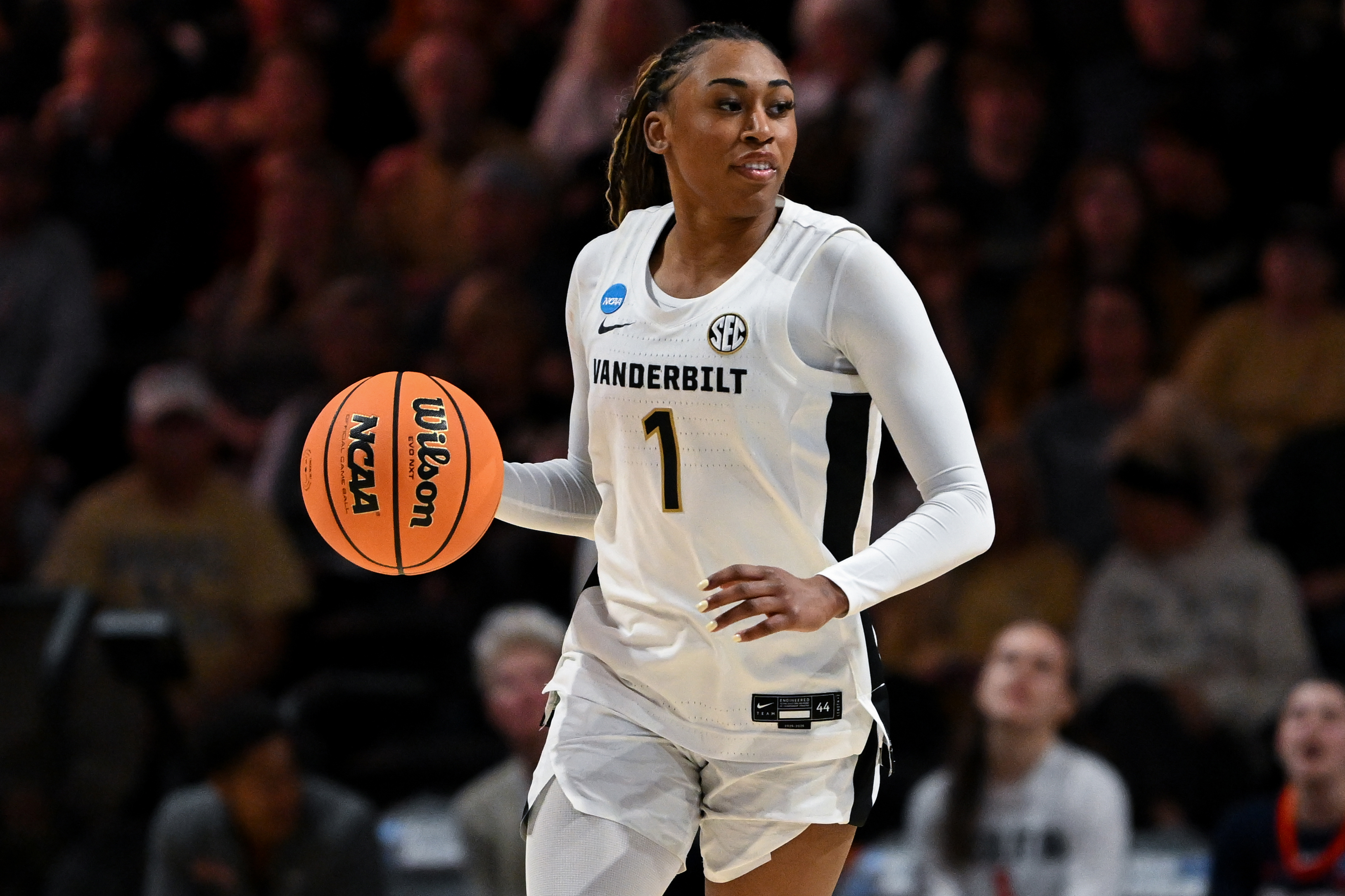 NASHVILLE, TENNESSEE - MARCH 23: Mikayla Blakes #1 of the Vanderbilt Commodores dribbles the ball during the second half of a second round game in the 2026 NCAA Women's Basketball Tournament against the Illinois Fighting Illini at Memorial Gym on March 23, 2026 in Nashville, Tennessee. (Photo by Carly Mackler/Getty Images)