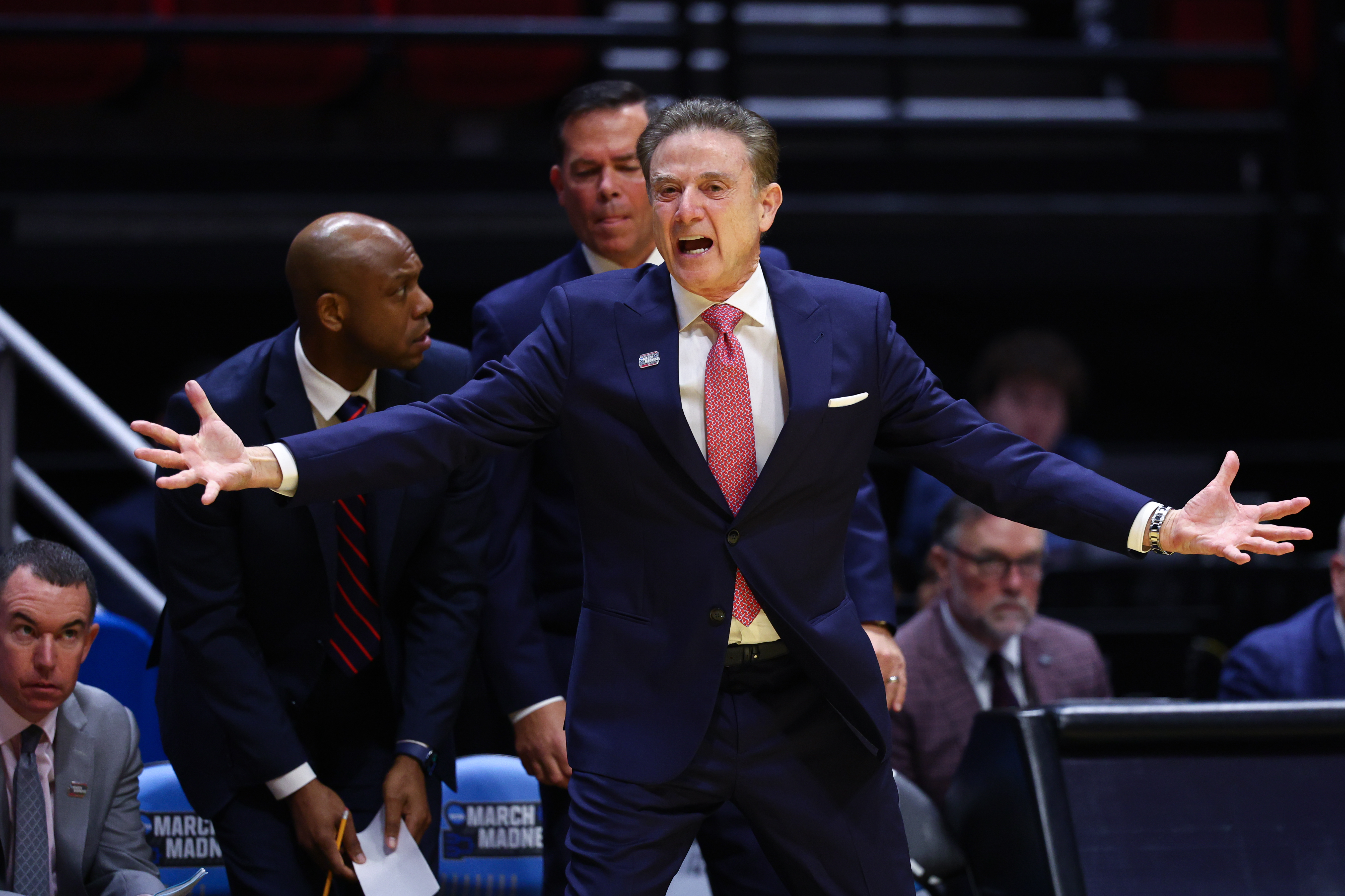 SAN DIEGO, CALIFORNIA - MARCH 22: Head coach Rick Pitino of the St. John's Red Storm reacts during a game against the Kansas Jayhawks during the second round of the 2026 NCAA Men's Basketball Tournament held at Viejas Arena at San Diego State University on March 22, 2026 in San Diego, California.  (Photo by Jamie Schwaberow/NCAA Photos via Getty Images)