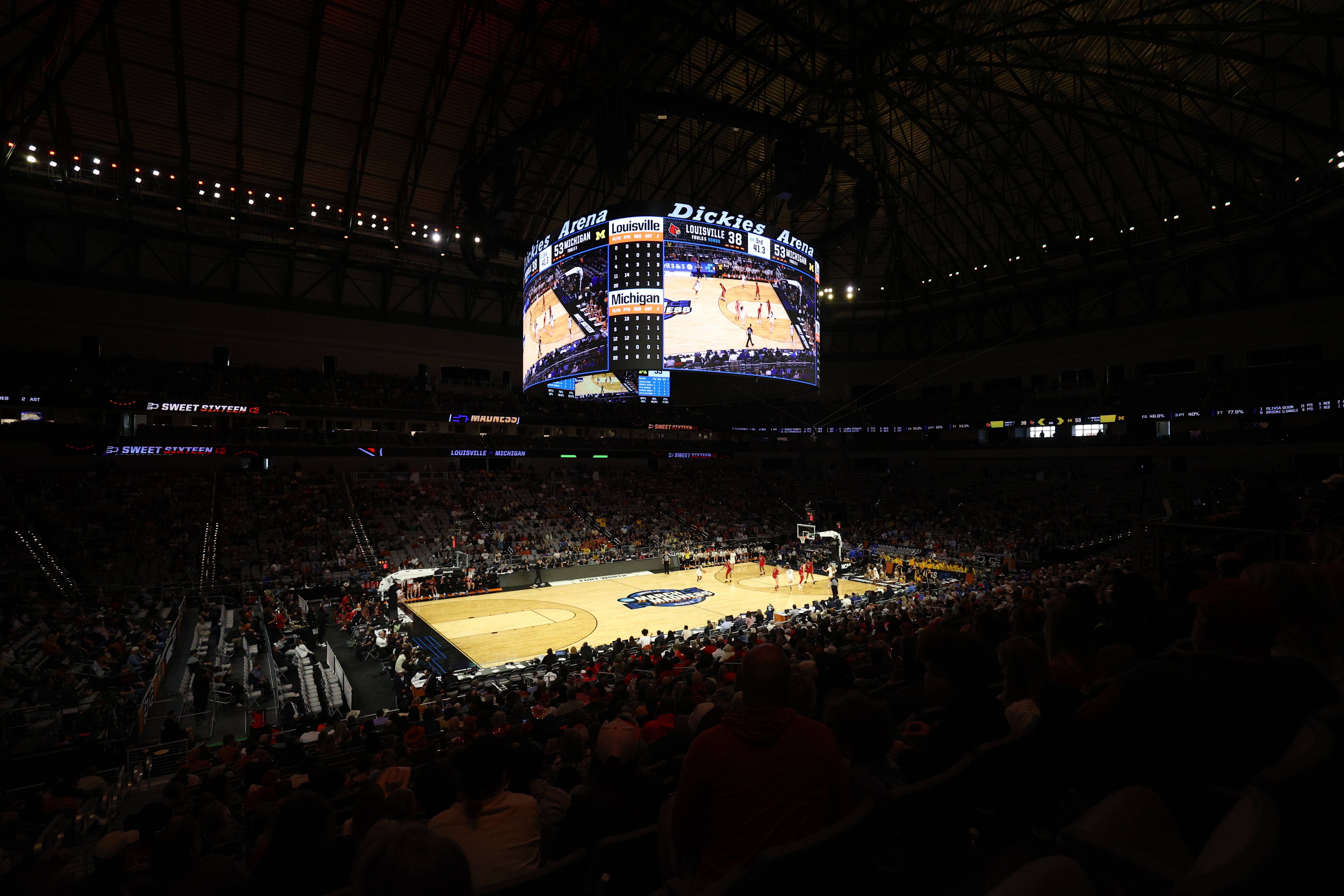 FORT WORTH, TEXAS - MARCH 28: A general view of the arena in the game between the the Michigan Wolverines and the Louisville Cardinals during a Sweet Sixteen round game of the 2026 NCAA Women's Basketball Tournament held at Dickies Arena on March 28, 2026 in Fort Worth, Texas. (Photo by Chris Swann/NCAA Photos via Getty Images)