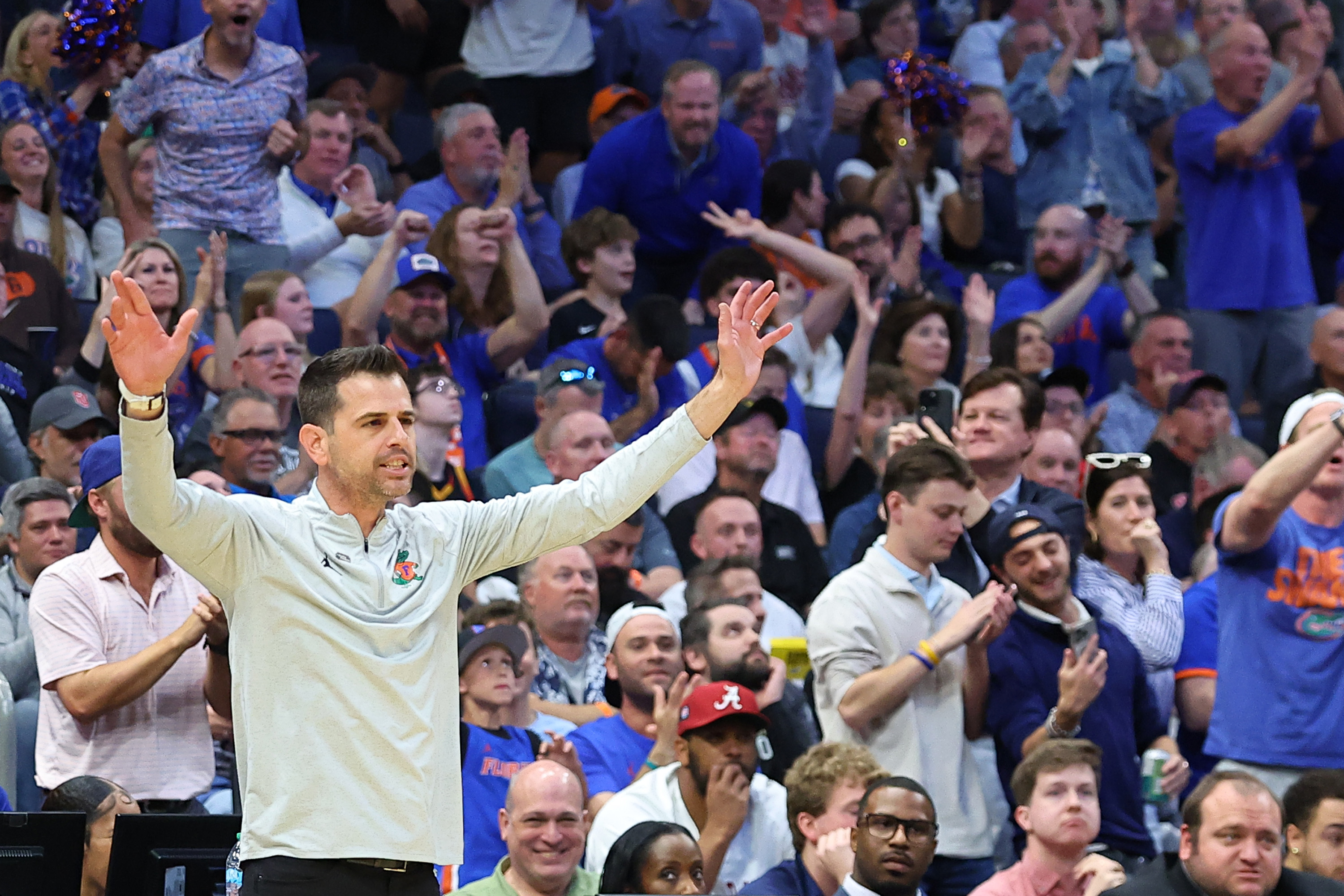 TAMPA, FLORIDA - MARCH 22: Head coach Todd Golden of the Florida Gators gestures during the second half against the Iowa Hawkeyes in the second round of the 2026 NCAA Men's Basketball Tournament at Benchmark International Arena on March 22, 2026 in Tampa, Florida. (Photo by Mike Carlson/Getty Images)