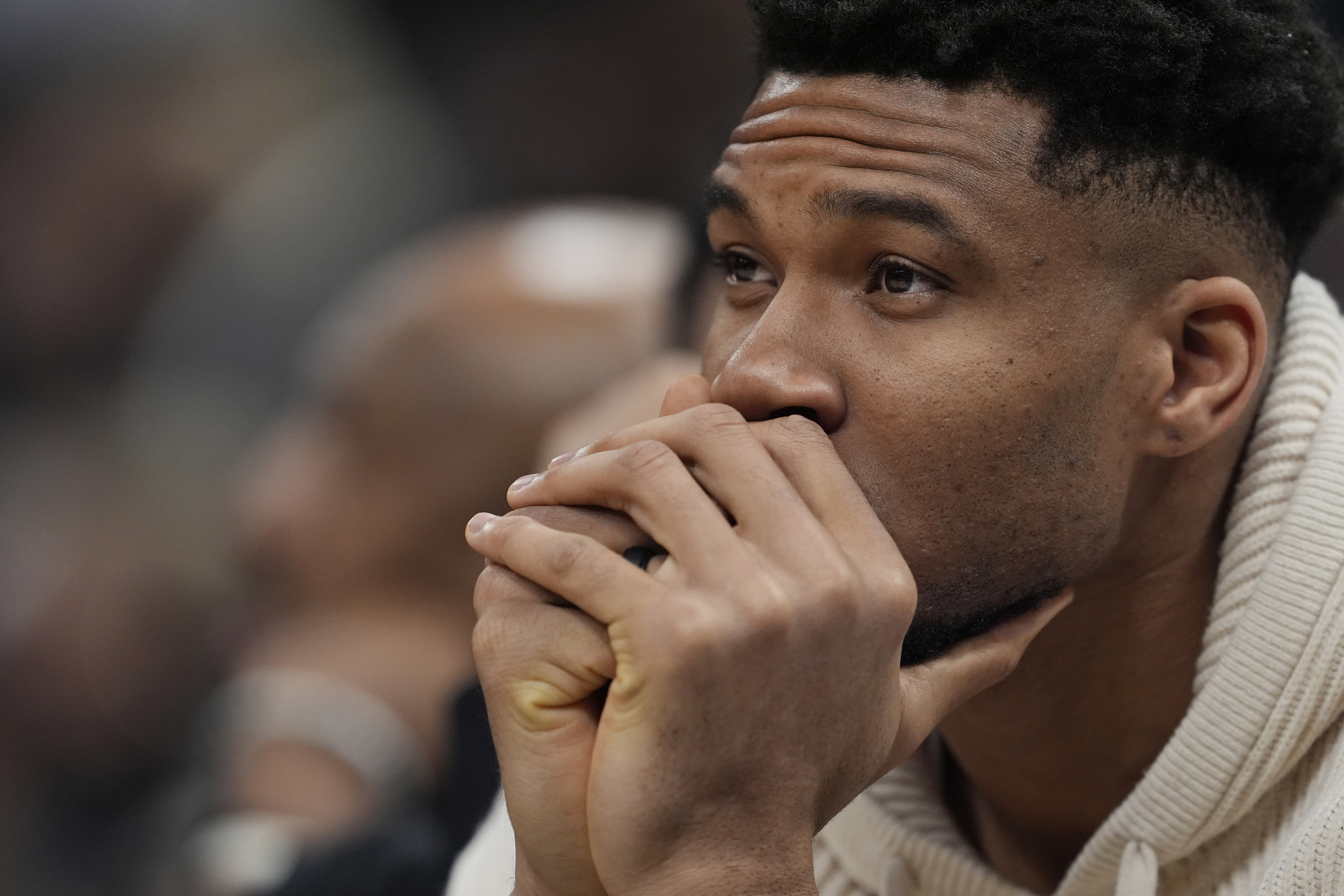 MILWAUKEE, WISCONSIN - MARCH 17: Giannis Antetokounmpo #34 of the Milwaukee Bucks looks on from the bench during the fourth quarter against the Cleveland Cavaliers at Fiserv Forum on March 17, 2026 in Milwaukee, Wisconsin. NOTE TO USER: User expressly acknowledges and agrees that, by downloading and or using this photograph, User is consenting to the terms and conditions of the Getty Images License Agreement. (Photo by Patrick McDermott/Getty Images)