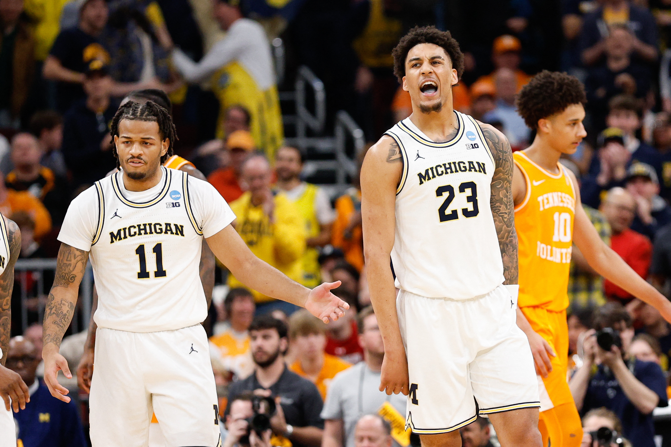 Mar 29, 2026; Chicago, IL, USA; Michigan Wolverines forward Yaxel Lendeborg (23) reacts in the first half against the Tennessee Volunteers during an Elite Eight game of the Midwest Regional of the men's 2026 NCAA Tournament at United Center. Mandatory Credit: Kamil Krzaczynski-Imagn Images