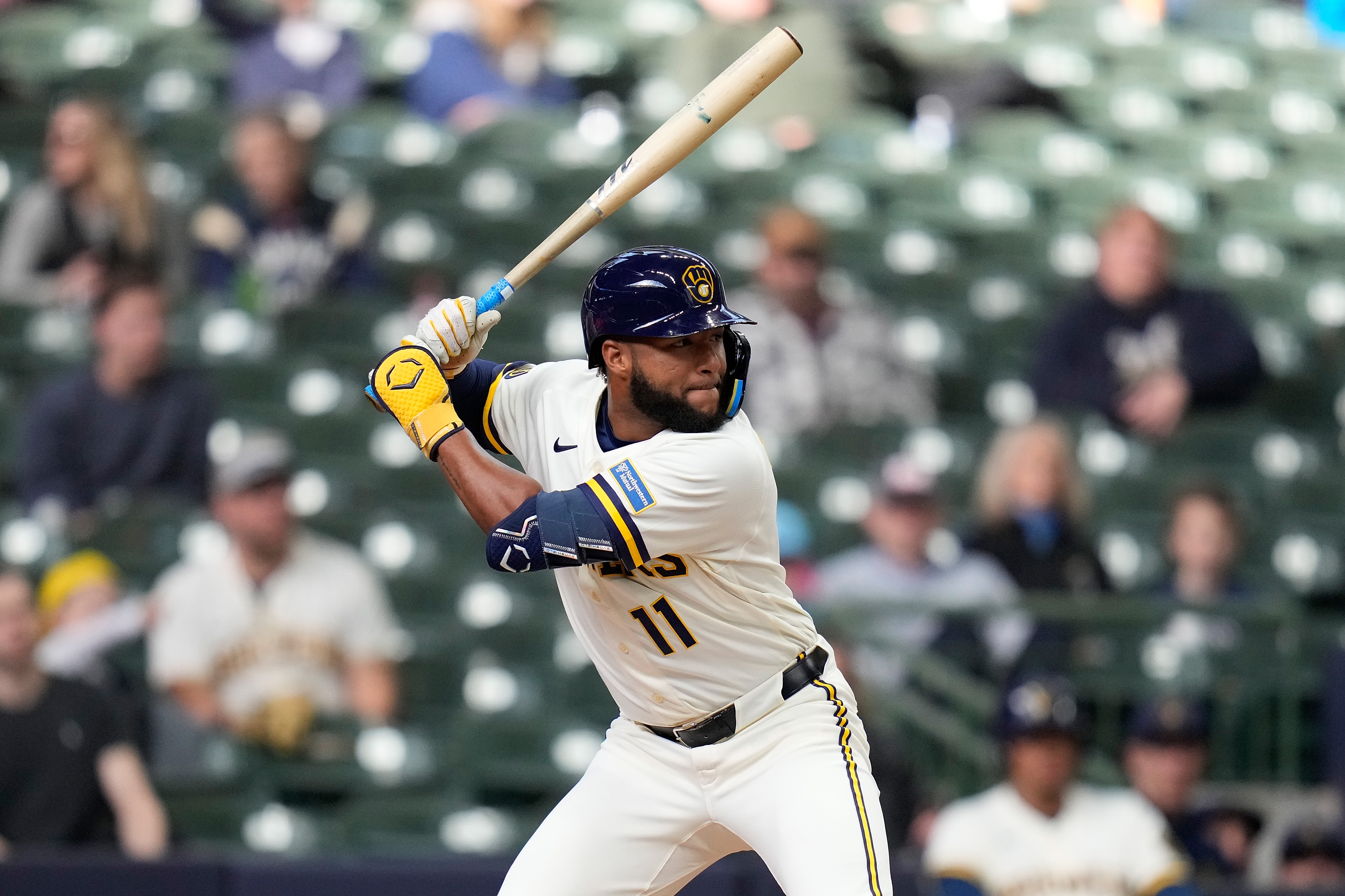 MILWAUKEE, WISCONSIN - MARCH 24: Jackson Chourio #11 of the Milwaukee Brewers up to bat during the exhibition game against the Cincinnati Reds at American Family Field on March 24, 2026 in Milwaukee, Wisconsin. (Photo by John Fisher/Getty Images)