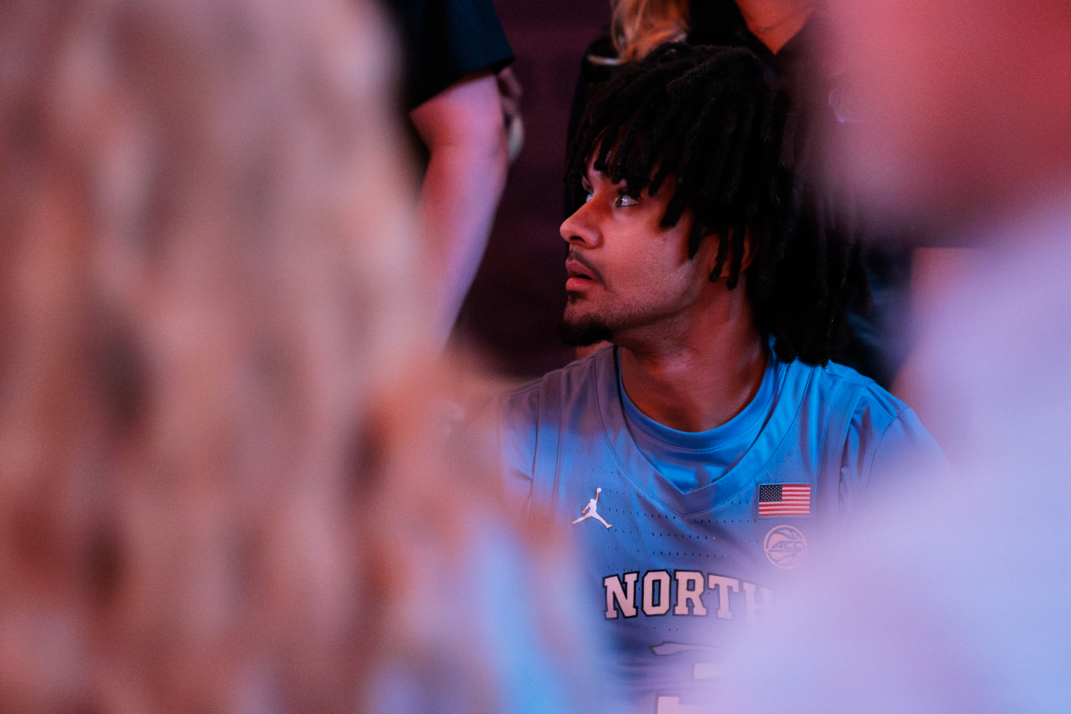 BLACKSBURG, VIRGINIA - MARCH 4: Elliot Cadeau #3 of the North Carolina Tar Heels looks on prior to a game against the Virginia Tech Hokies at Cassell Coliseum on March 4, 2025 in Blacksburg, Virginia. (Photo by Ryan Hunt/Getty Images)