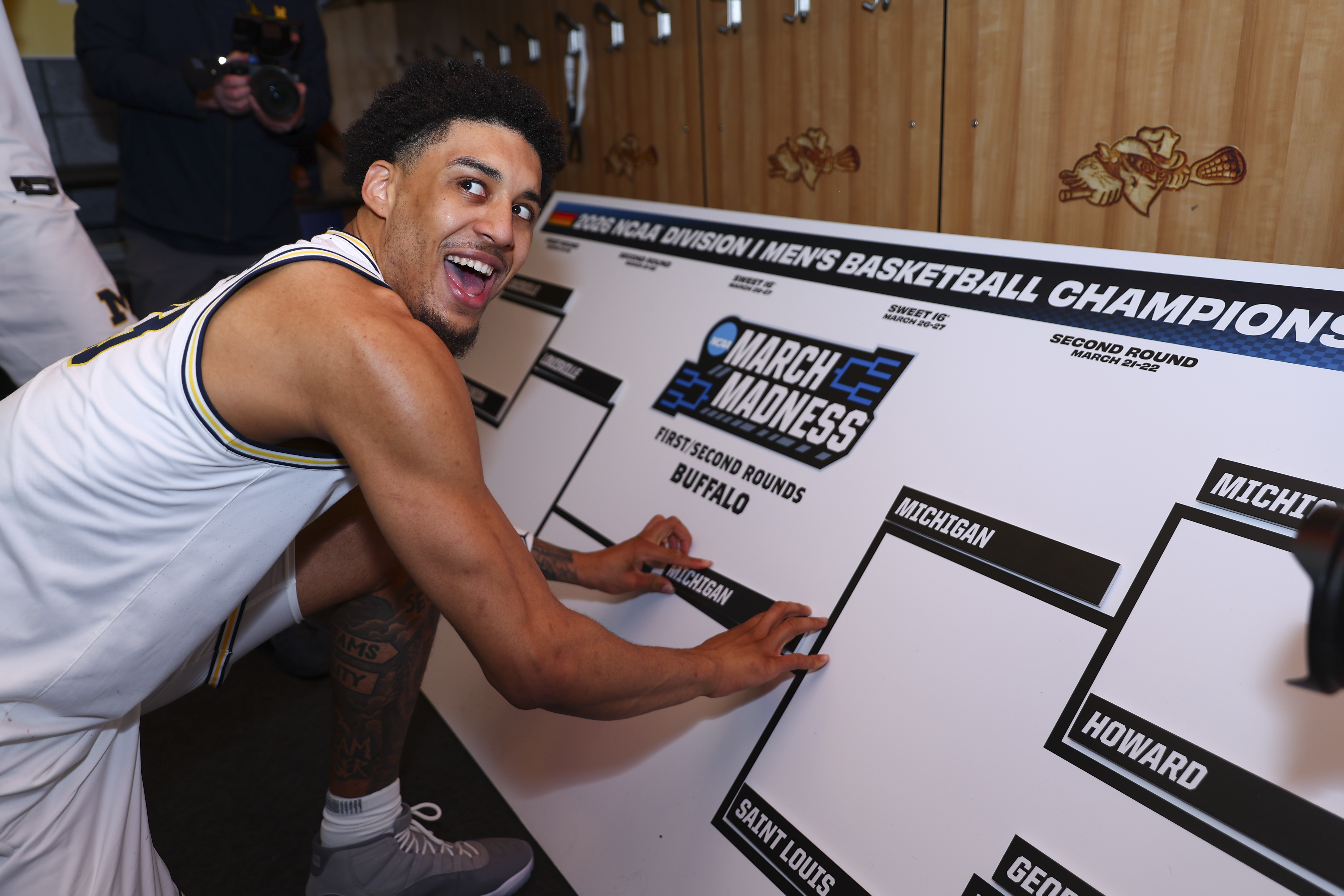 BUFFALO, NEW YORK - MARCH 21: Yaxel Lendeborg #23 of the Michigan Wolverines celebrates the win against the Saint Louis Billikens following the game during the second round of the 2026 NCAA Men's Basketball Tournament held at KeyBank Center on March 21, 2026 in Buffalo, New York. (Photo by Bjorn Franke/NCAA Photos via Getty Images)