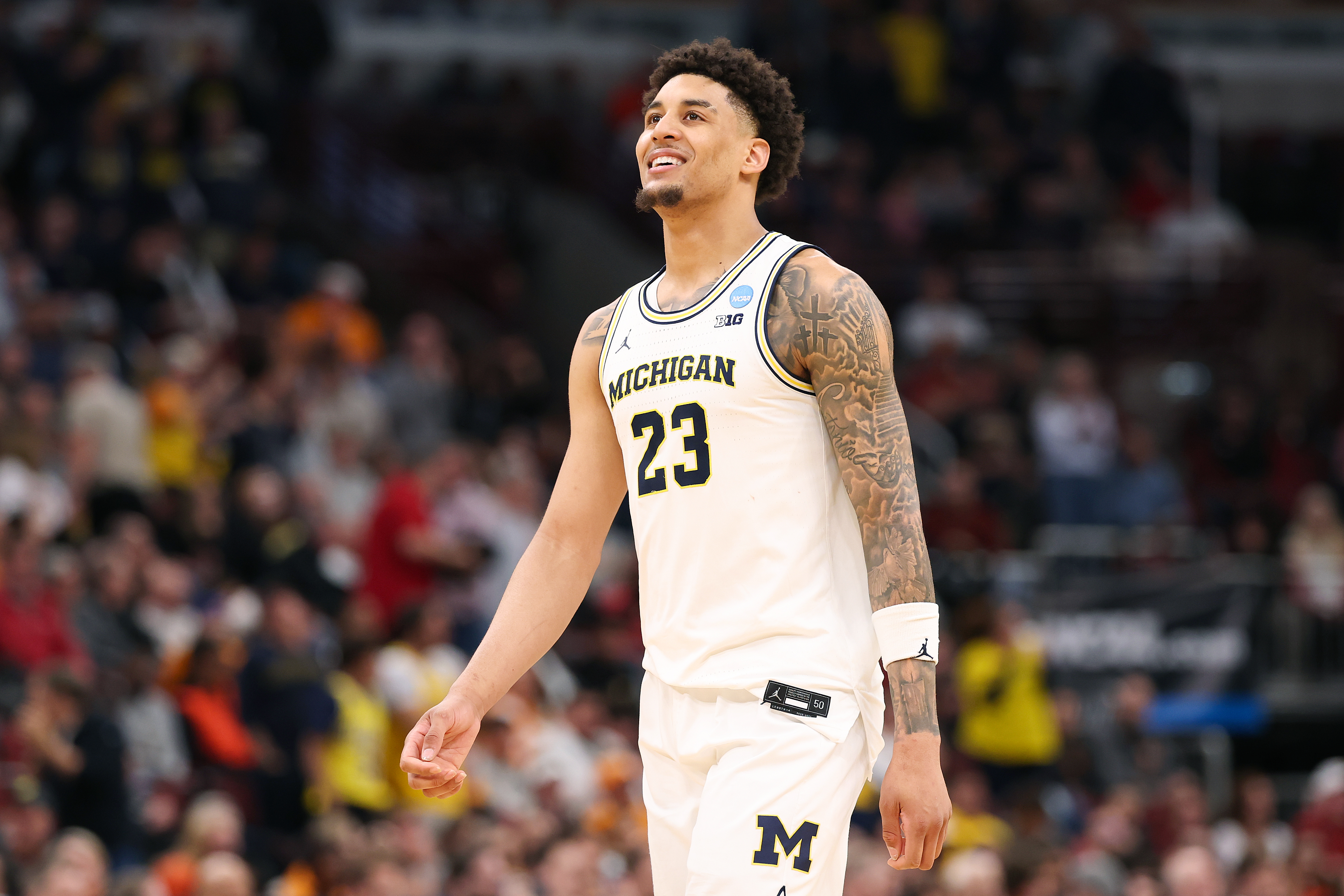 CHICAGO, ILLINOIS - MARCH 27:  Yaxel Lendeborg #23 of the Michigan Wolverines reacts during the second half against the Alabama Crimson Tide in the Sweet Sixteen of the 2026 NCAA Men's Basketball Tournament at the United Center on March 27, 2026 in Chicago, Illinois. (Photo by Michael Reaves/Getty Images)