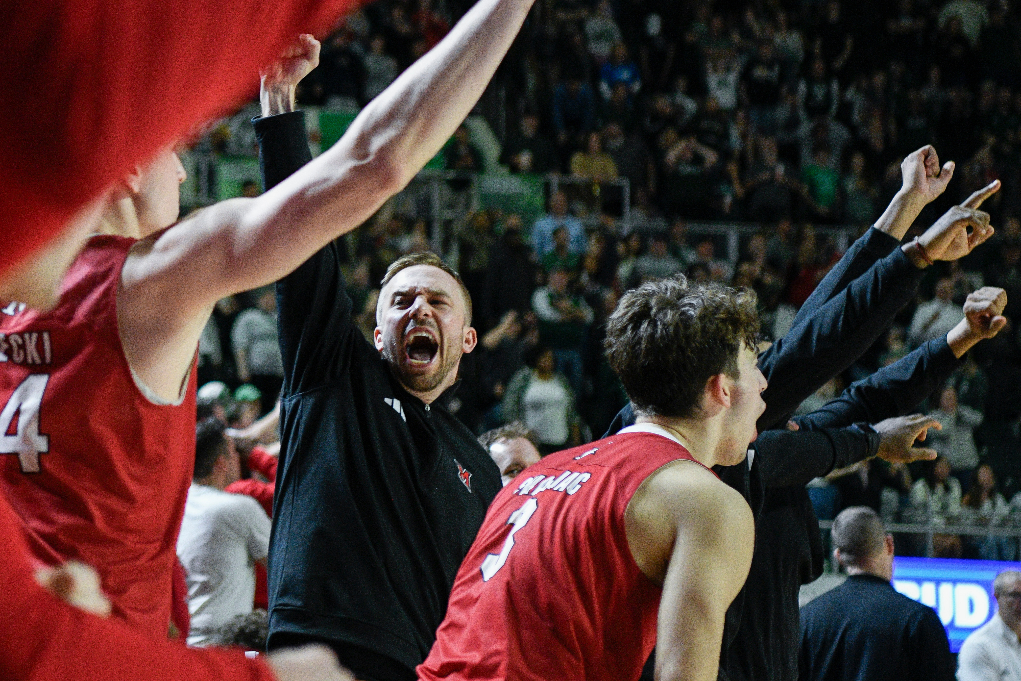 The Miami (Ohio) bench reacts after defeating Ohio in an NCAA college basketball game, Friday, March 6, 2026, in Athens, Ohio. (AP Photo/HG Biggs)
