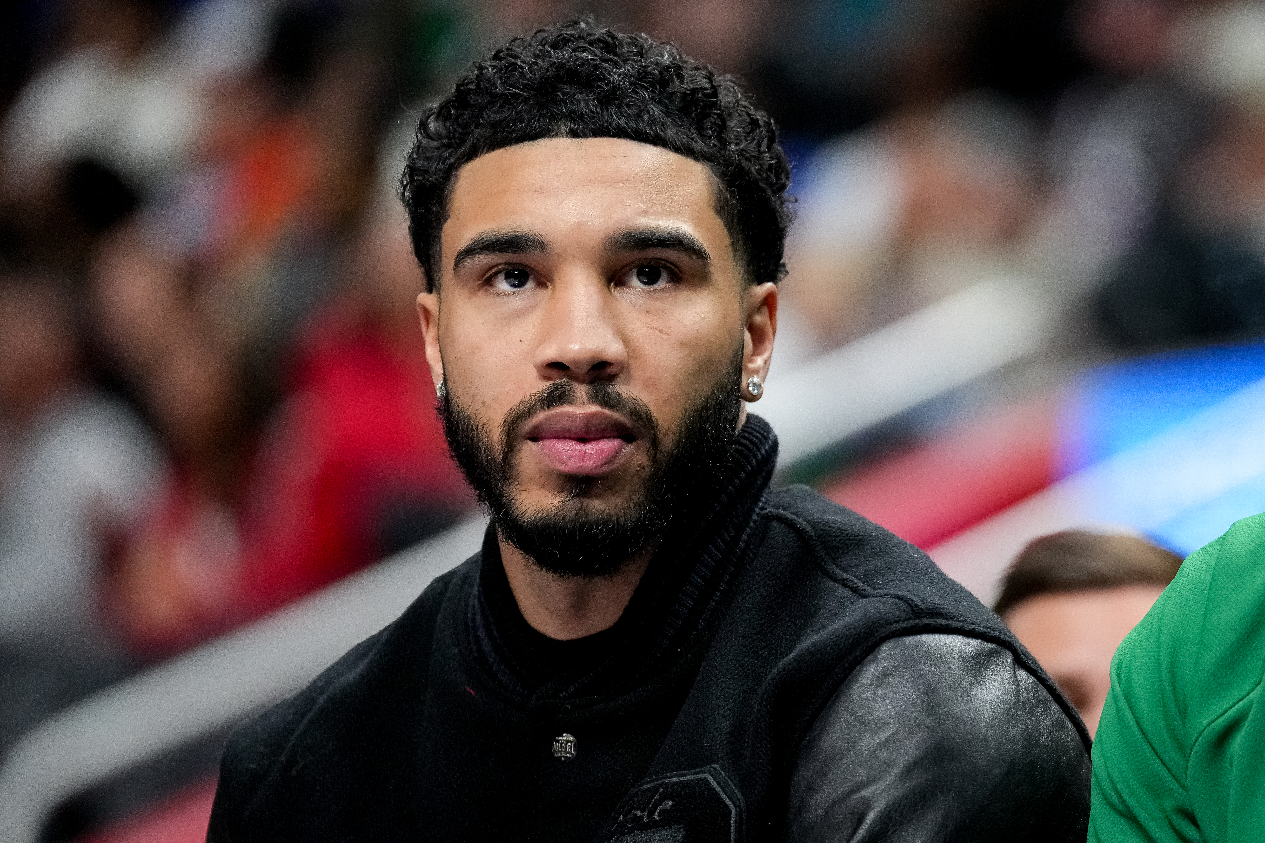 DETROIT, MICHIGAN - JANUARY 19: Jayson Tatum #0 of the Boston Celtics looks on against the Detroit Pistons at Little Caesars Arena on January 19, 2026 in Detroit, Michigan. NOTE TO USER: User expressly acknowledges and agrees that, by downloading and or using this photograph, User is consenting to the terms and conditions of the Getty Images License Agreement. (Photo by Nic Antaya/Getty Images)