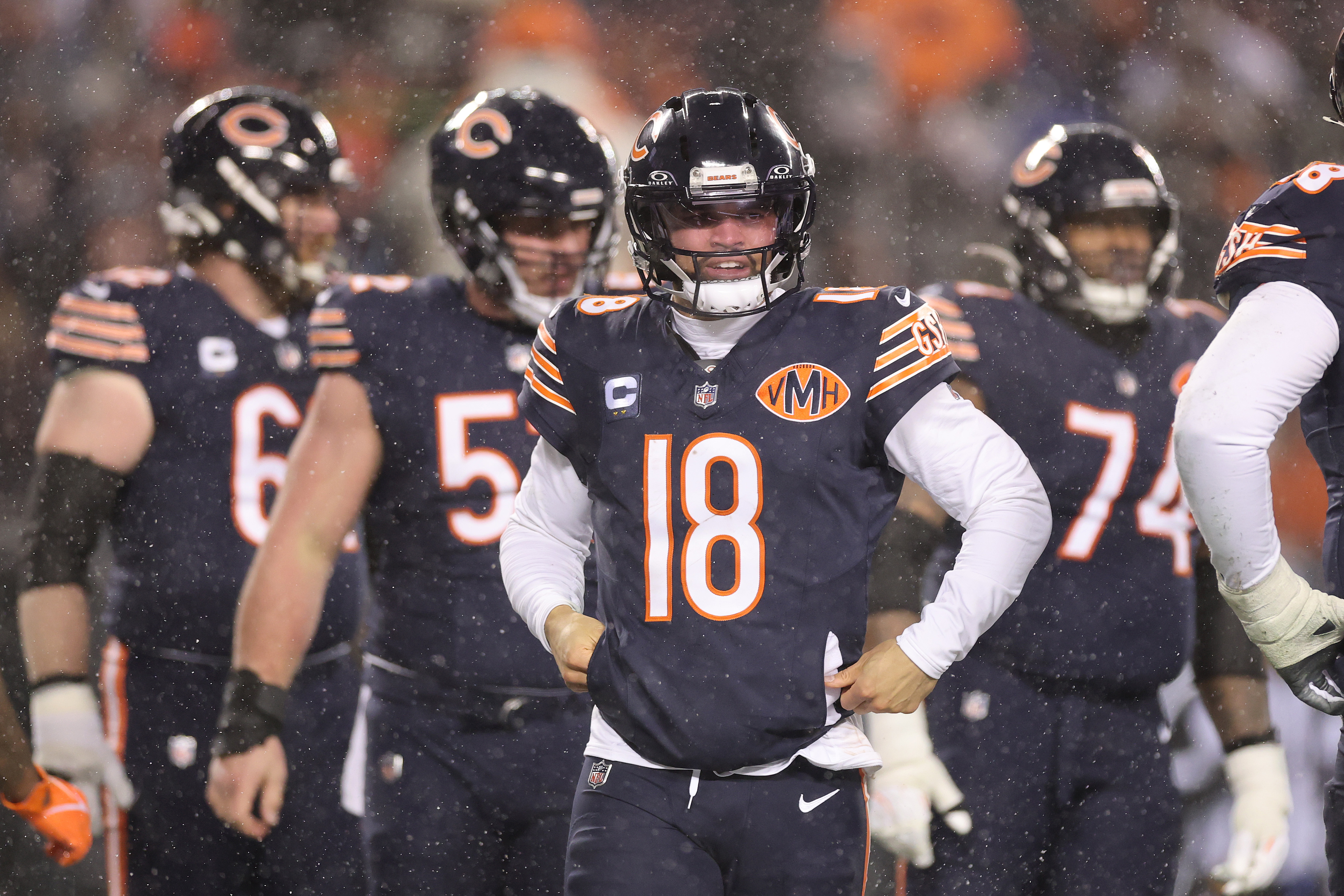 CHICAGO, ILLINOIS - JANUARY 18: Caleb Williams #18 of the Chicago Bears looks on against the Los Angeles Rams in the NFC Divisional Playoffs at Soldier Field on January 18, 2026 in Chicago, Illinois.  (Photo by Michael Reaves/Getty Images)
