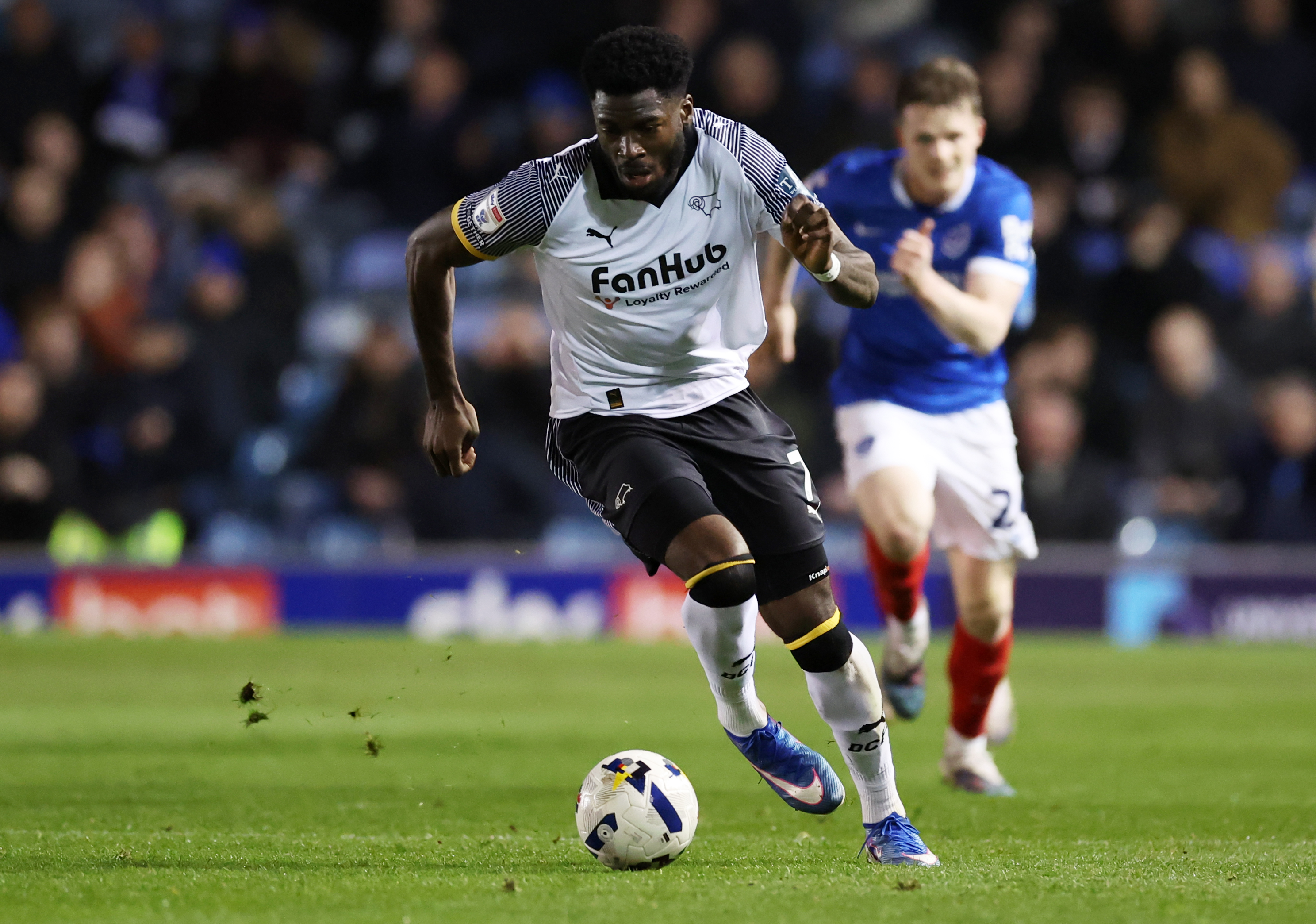 Derby County's Patrick Agyemang during the Sky Bet Championship match at Fratton Park, Portsmouth. Picture date: Monday March 16, 2026. (Photo by Steven Paston/PA Images via Getty Images)