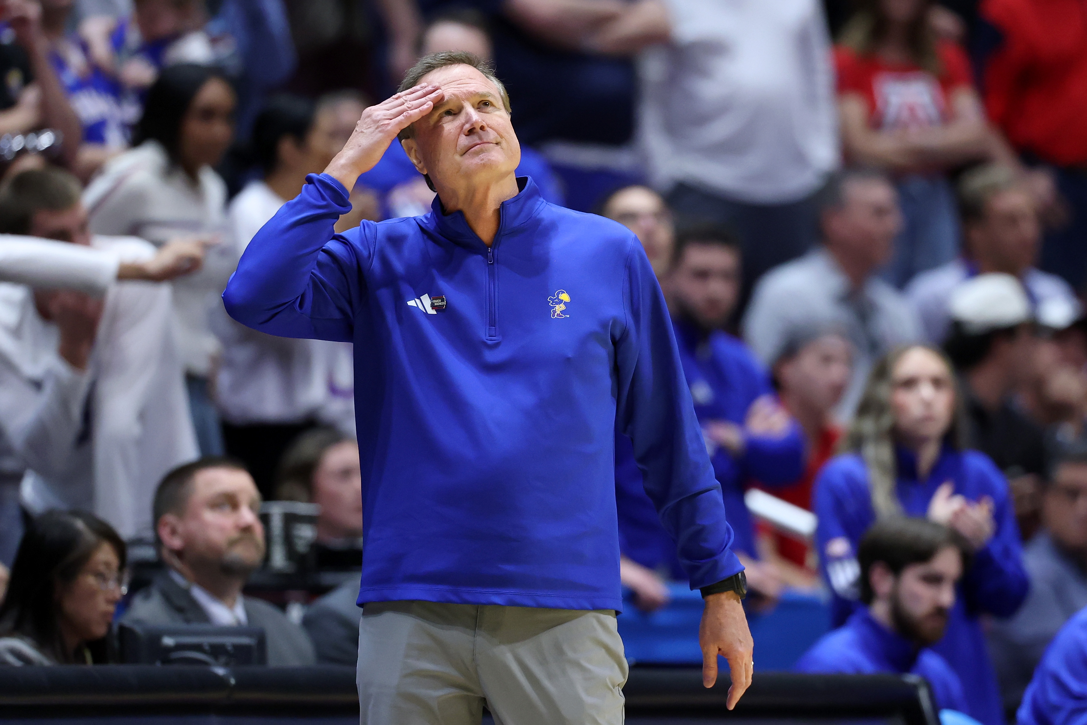 SAN DIEGO, CALIFORNIA - MARCH 22: Head coach Bill Self of the Kansas Jayhawks looks on during the second half against the St. John's Red Storm in the second round of the 2026 NCAA Men's Basketball Tournament at Viejas Arena at San Diego State University on March 22, 2026 in San Diego, California.  (Photo by Sean M. Haffey/Getty Images)