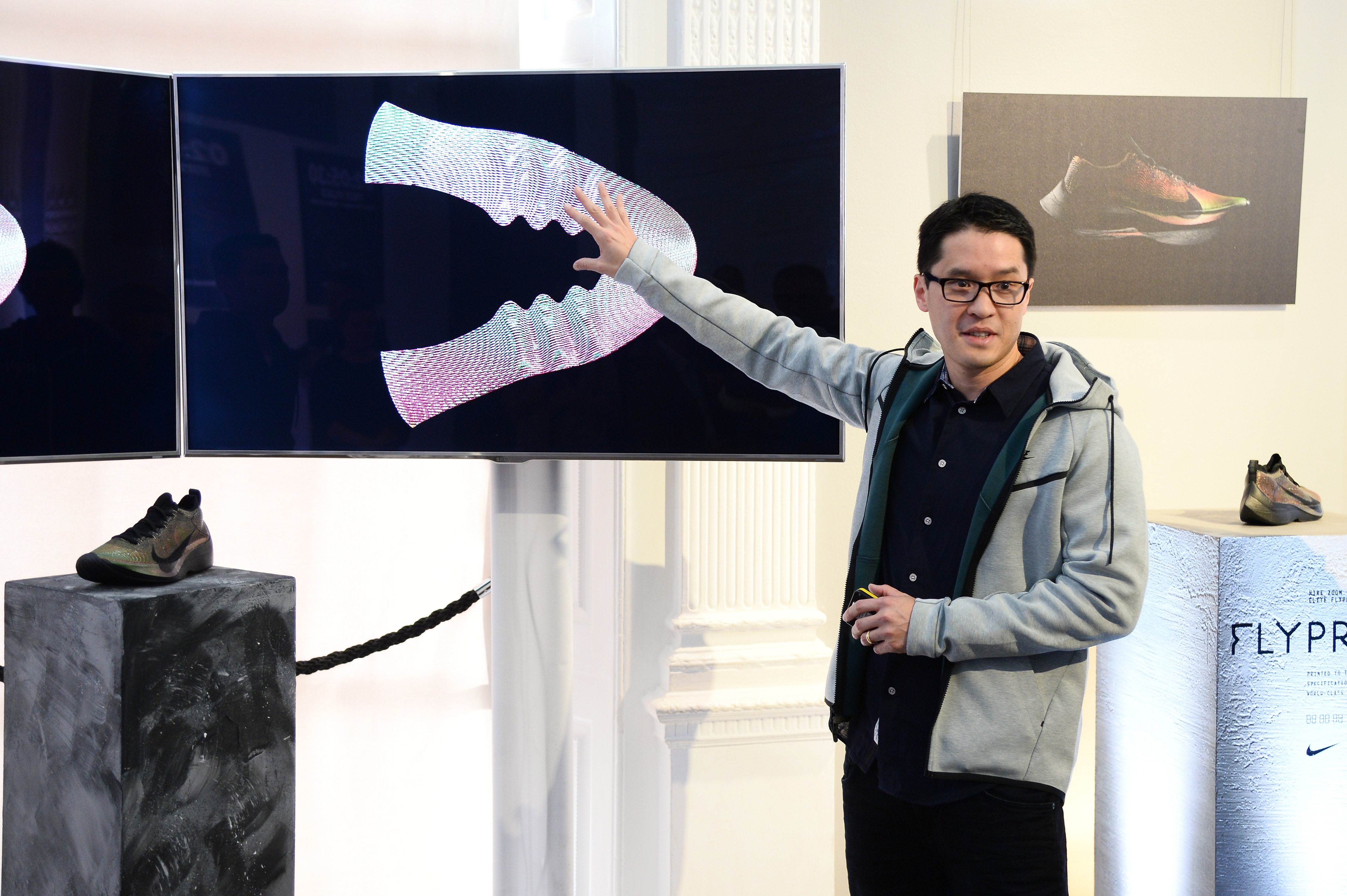 LONDON, ENGLAND - APRIL 17: Roger Cheng, Senior Director Digital Innovation, speaking at the launch of the Nike Zoom Vaporfly Elite Flyprint in London at The Institute of Contemporary Arts on April 17, 2018 in London, England. (Photo by Patrik Lundin/Getty Images for Nike)