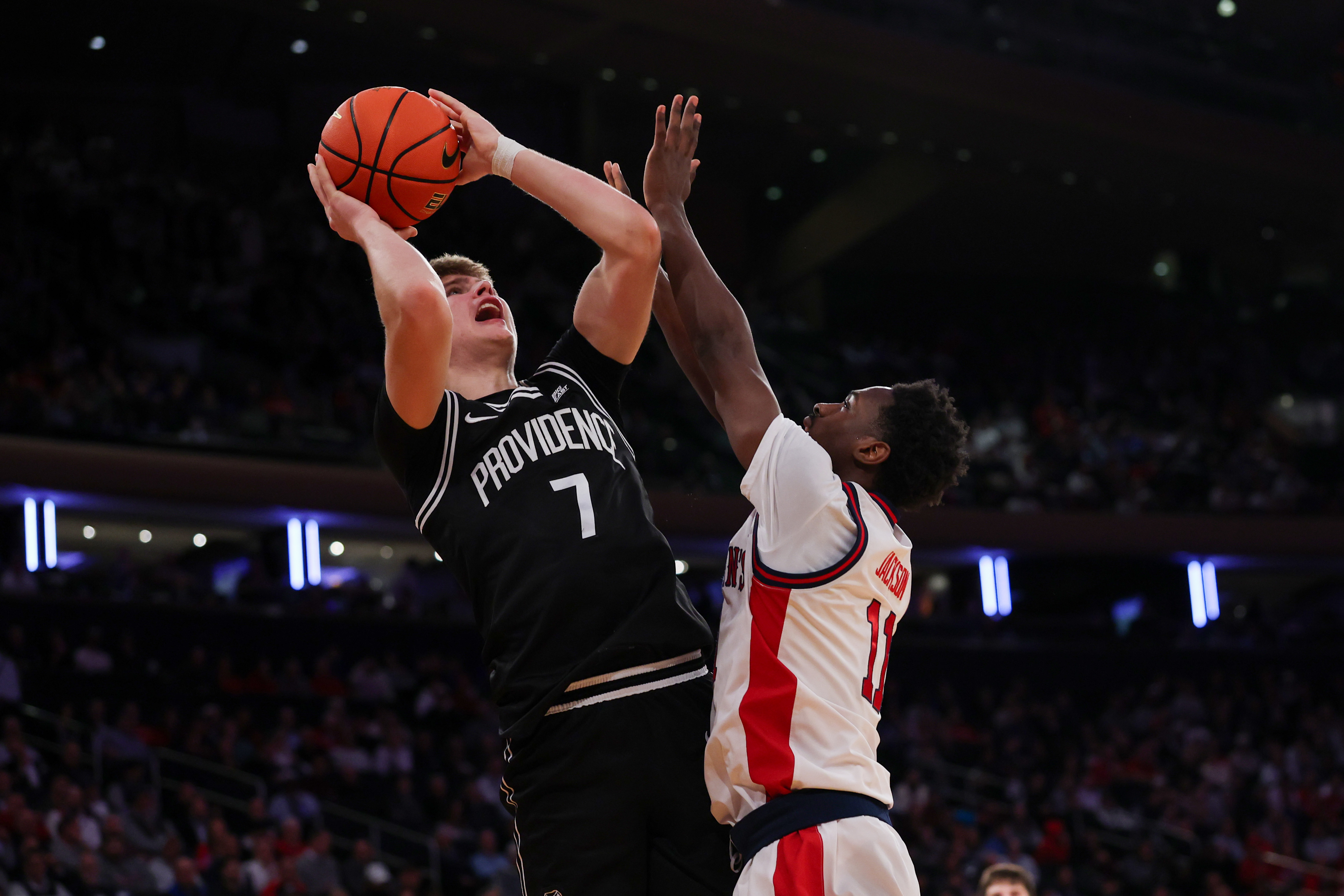 NEW YORK, NEW YORK - MARCH 12: Stefan Vaaks #7 of the Providence Friars shoots the ball against Ian Jackson #11 of the St. John's Red Storm during the 2026 Big East Men's Tournament - Quarterfinal game at Madison Square Garden on March 12, 2026 in New York City. (Photo by Ishika Samant/Getty Images)
