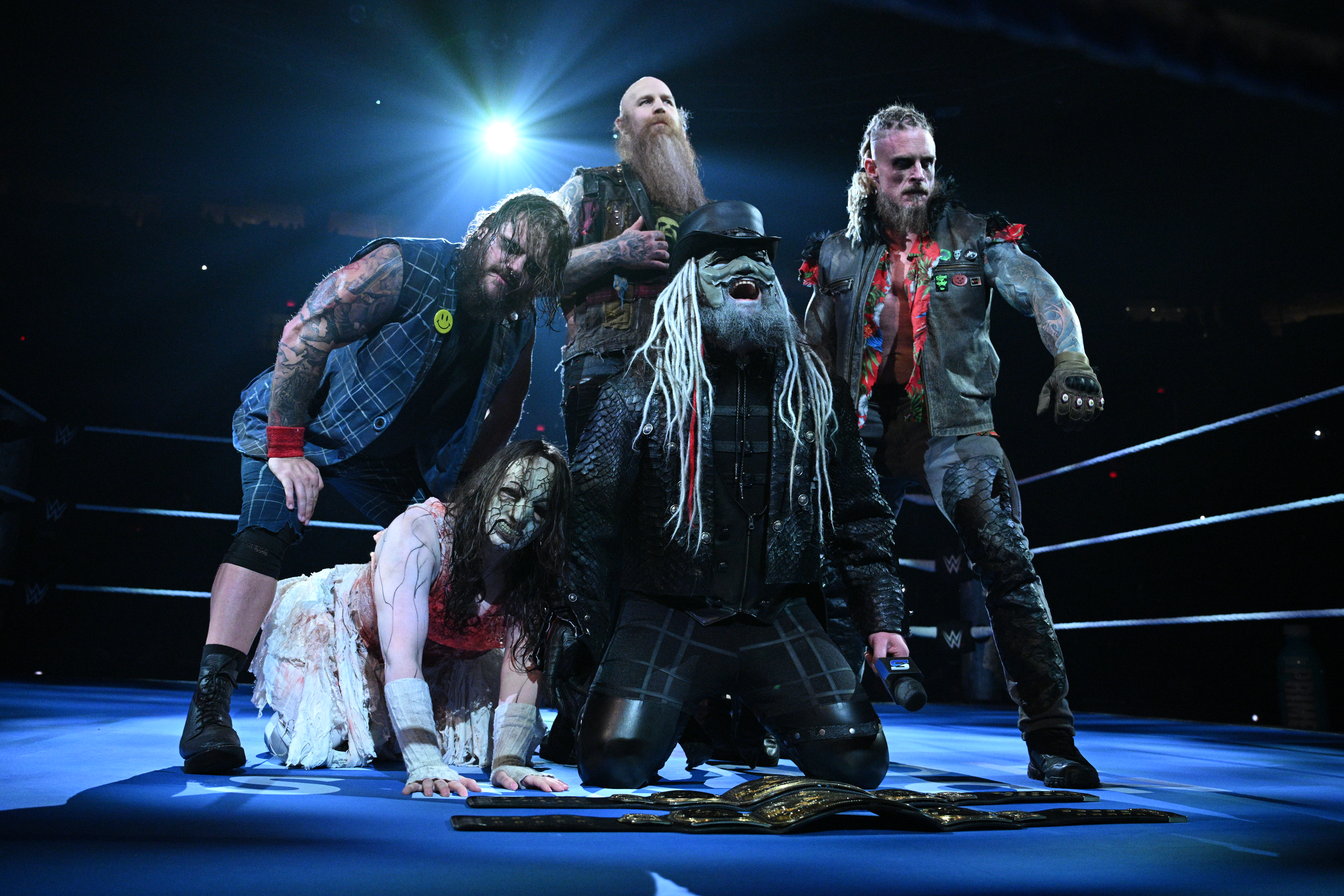WILKES-BARRE, PENNSYLVANIA - DECEMBER 12: Joe Gacy, Erick Rowan, Uncle Howdy, Nikki Cross and Dexter Lumis of the Wyatt Sicks enters the arena during Smackdown at Mohegan Sun Arena at Casey Plaza on December 12, 2025 in Wilkes-Barre, Pennsylvania. (Photo by Mike Marques/WWE via Getty Images)