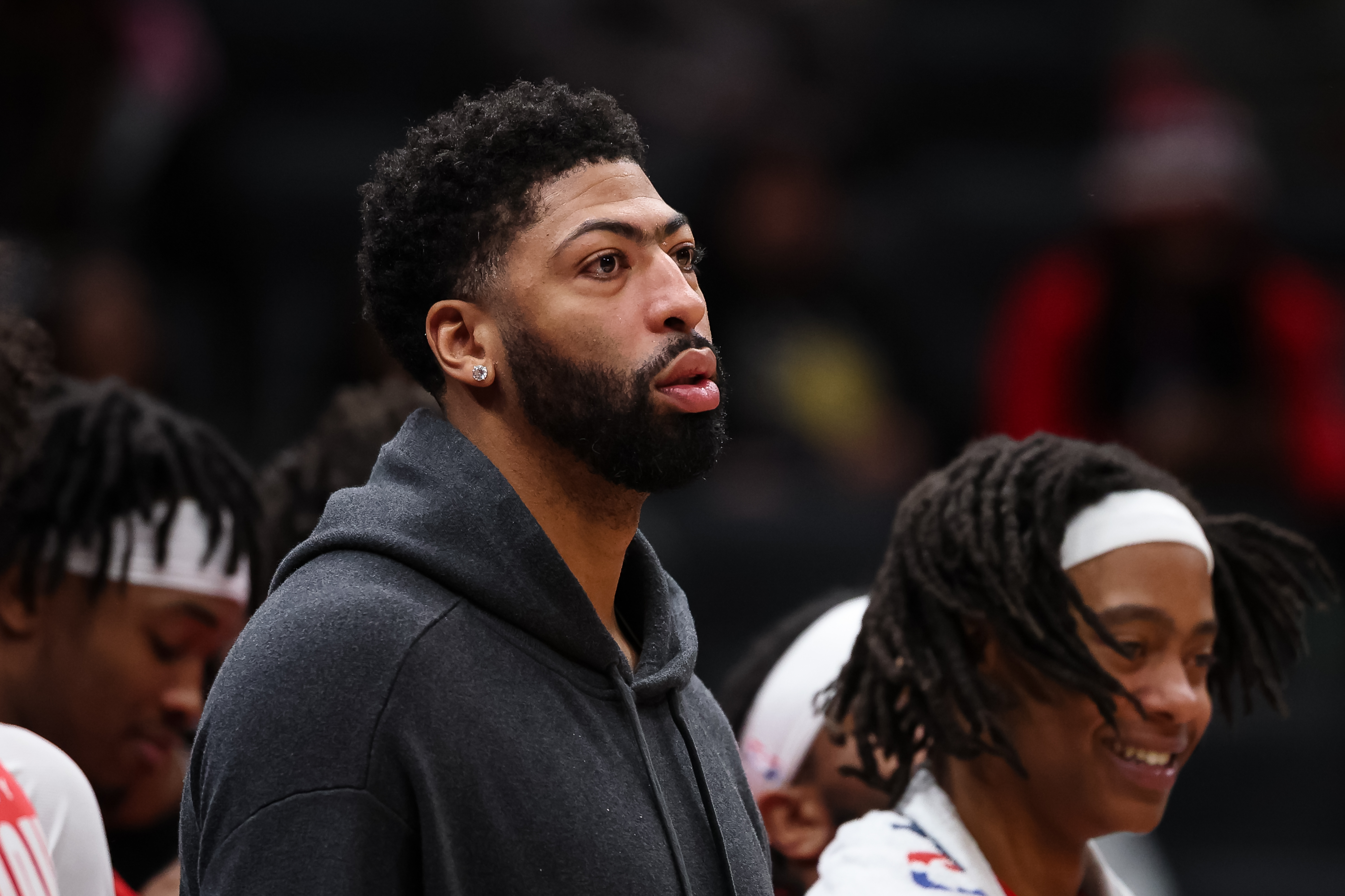 WASHINGTON, DC - FEBRUARY 19: Anthony Davis #23 of the Washington Wizards looks on from the bench during the second half against the Indiana Pacers at Capital One Arena on February 19, 2026 in Washington, DC. NOTE TO USER: User expressly acknowledges and agrees that, by downloading and or using this photograph, User is consenting to the terms and conditions of the Getty Images License Agreement. (Photo by Scott Taetsch/Getty Images)