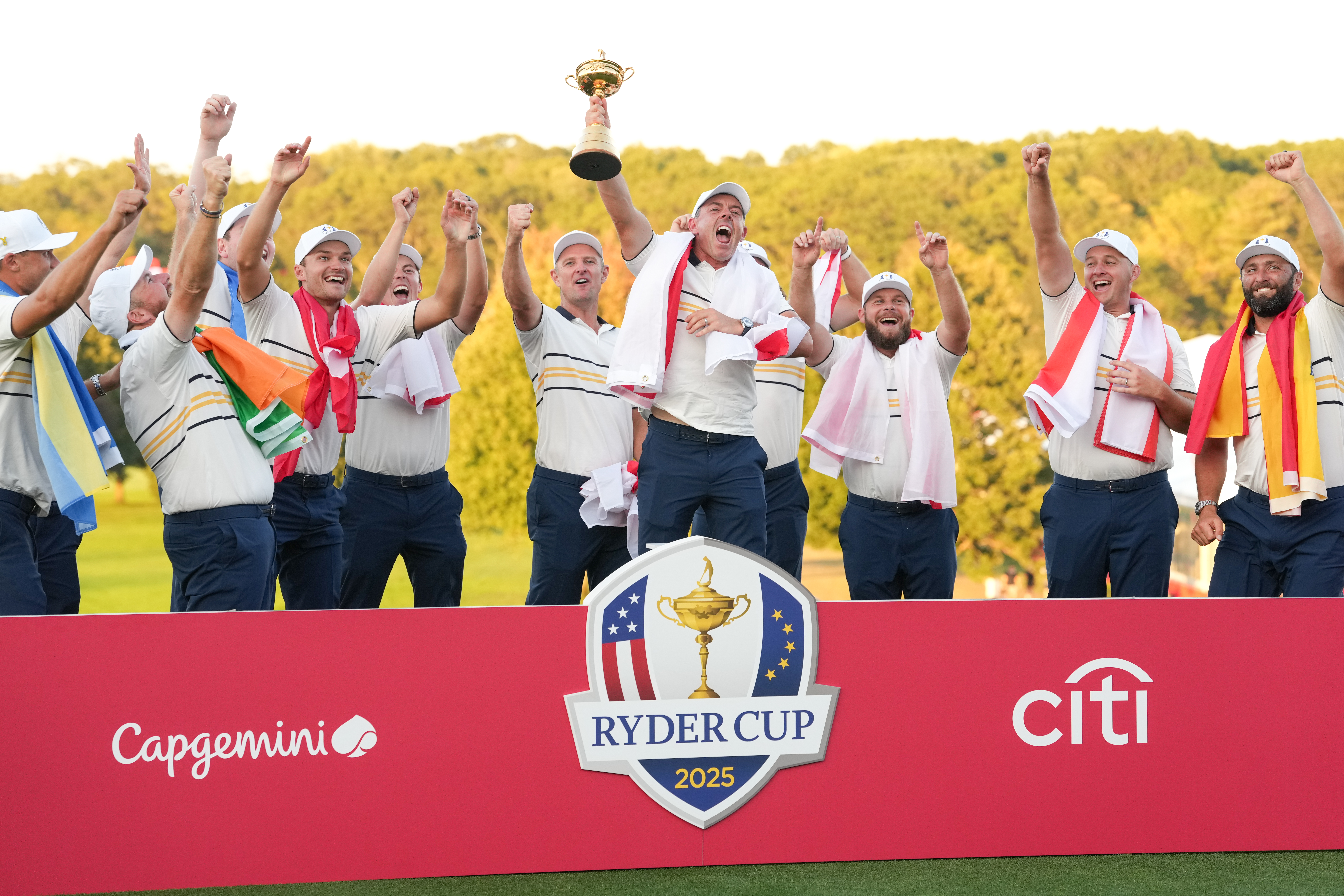 Rory McIlroy (center) and his European pals celebrate a Ryder Cup victory on American soil. (Ben Jared/PGA TOUR via Getty Images)