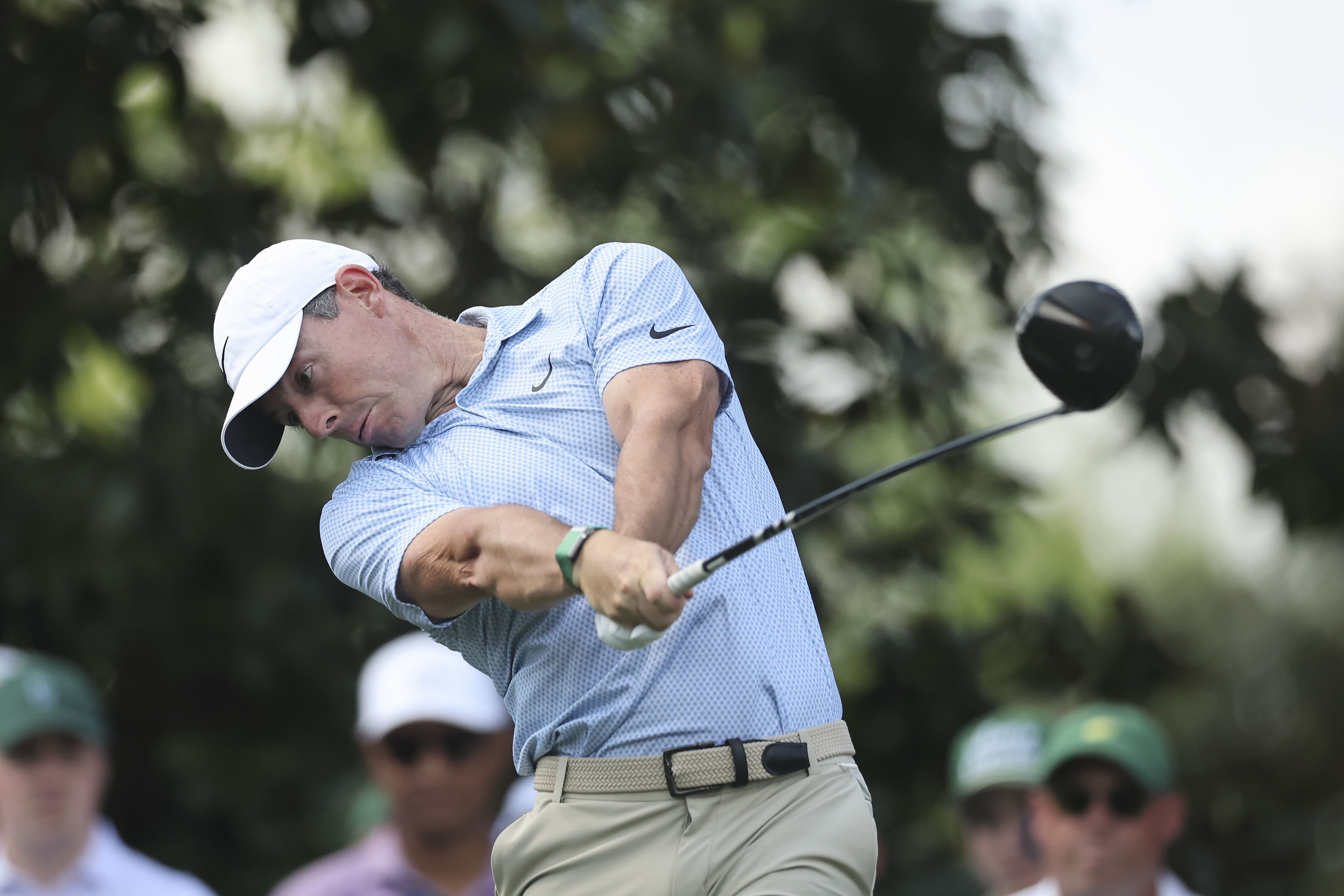 AUGUSTA, GEORGIA - APRIL 12: Rory McIlroy of Northern Ireland plays his shot from the ninth tee during the final round of the 2026 Masters Tournament at Augusta National Golf Club on April 12, 2026 in Augusta, Georgia. (Photo by Hector Vivas/Getty Images)