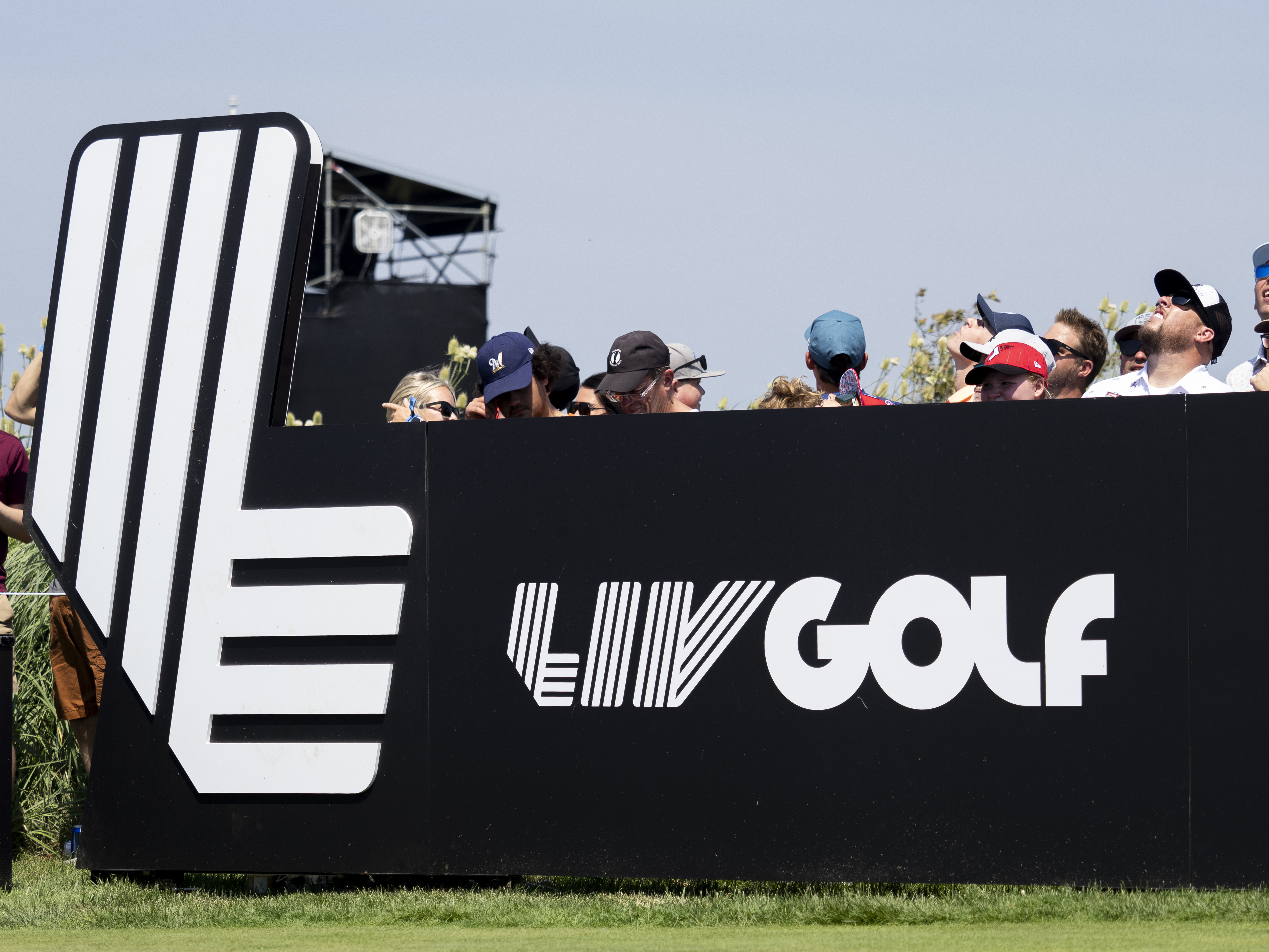 BOLINGBROOK, IL - AUGUST 09: The LIV GOLF logo is pictured during day two of LIV Golf Chicago on Saturday, August 09, 2025 at Bolingbrook Golf Club in Bolingbrook, IL. (Photo by Joseph Weiser/Icon Sportswire via Getty Images)