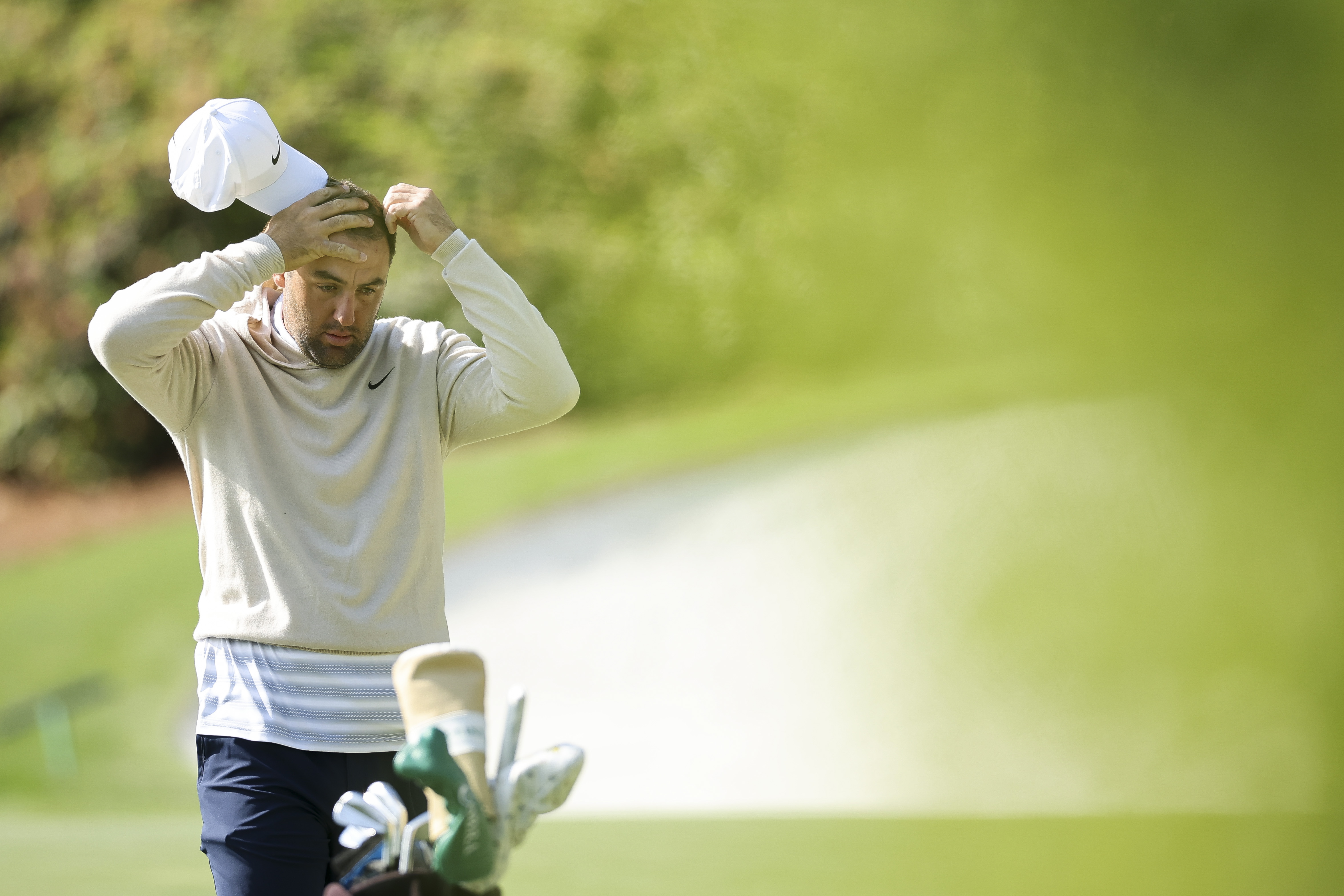 AUGUSTA, GEORGIA - APRIL 08: Scottie Scheffler of the United States looks on from the 13th green during a practice round prior to the 2026 Masters Tournament at Augusta National Golf Club on April 08, 2026 in Augusta, Georgia. (Photo by Hector Vivas/Getty Images)