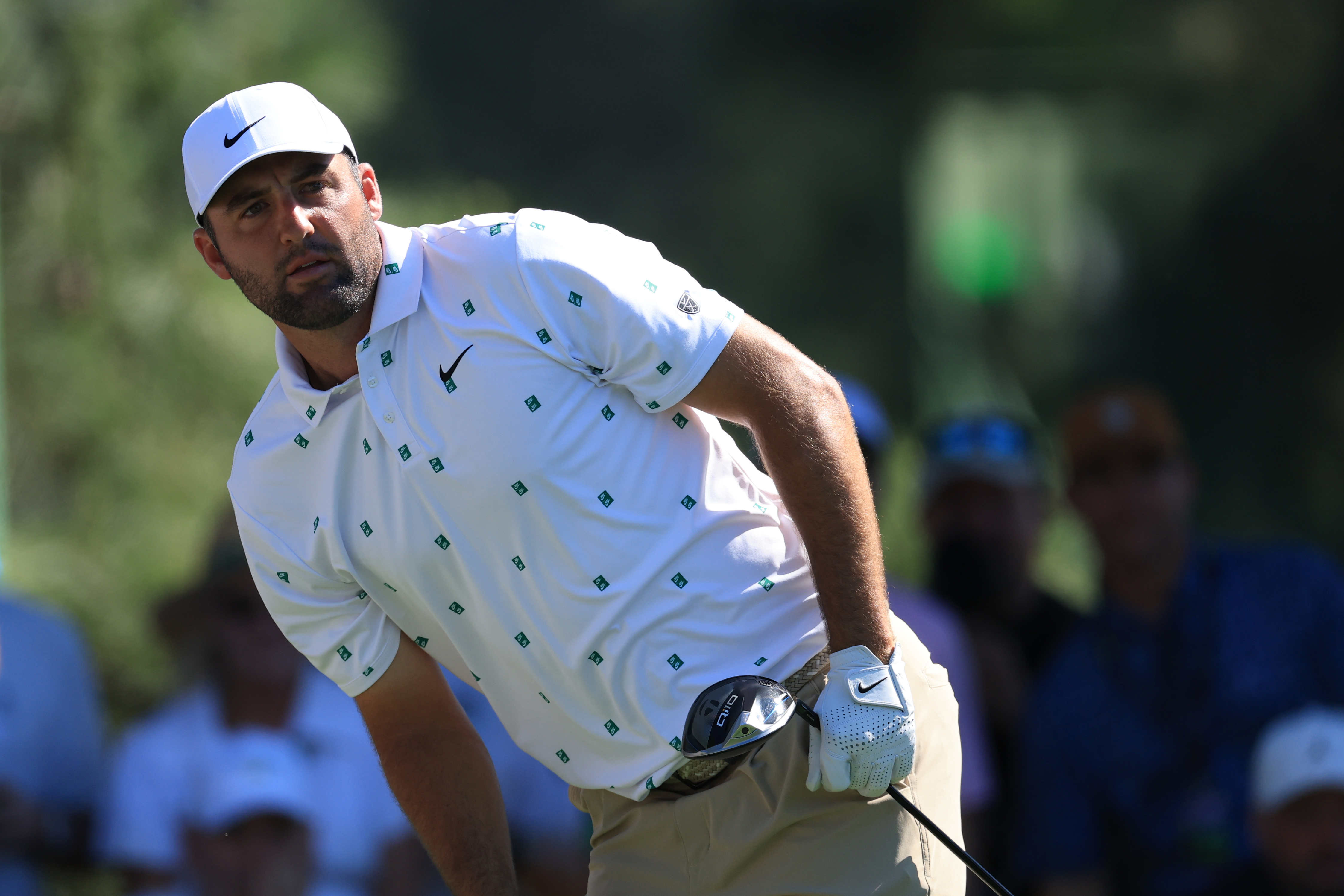AUGUSTA, GEORGIA - APRIL 11:  Scottie Scheffler of the United States reacts on the 17th hole during the third round of the 2026 Masters Tournament at Augusta National Golf Club on April 11, 2026 in Augusta, Georgia. (Photo by David Cannon/Getty Images)