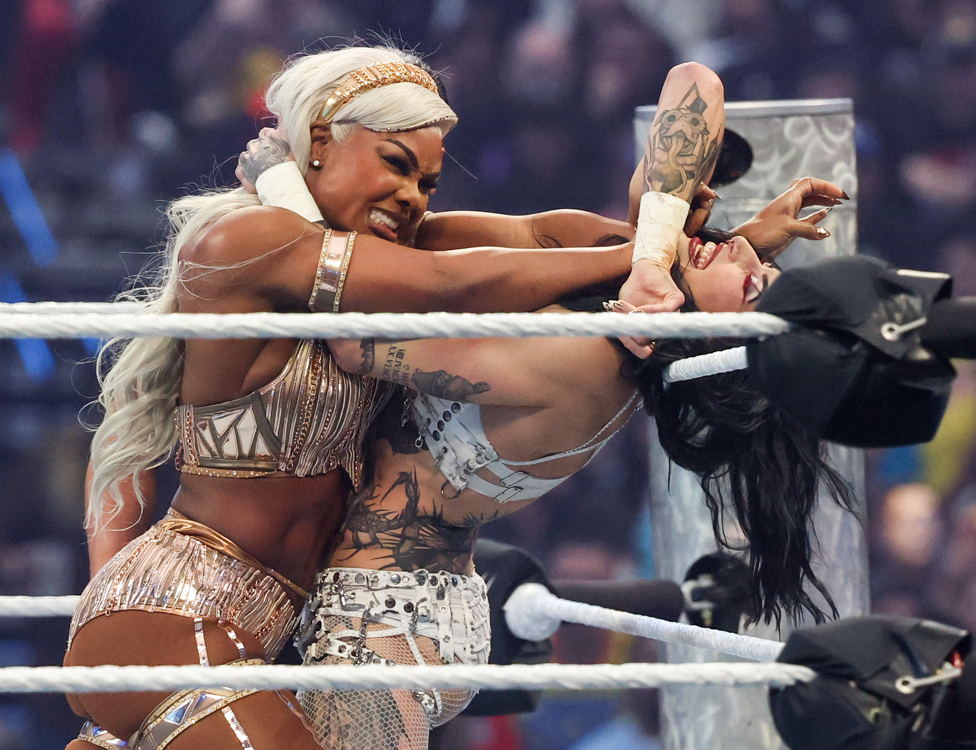 LAS VEGAS, NEVADA - APRIL 19: Jade Cargill (L) and Rhea Ripley fight during their WWE Women's Championship match during WrestleMania 42 at Allegiant Stadium on April 19, 2026 in Las Vegas, Nevada. (Photo by Ethan Miller/Getty Images)