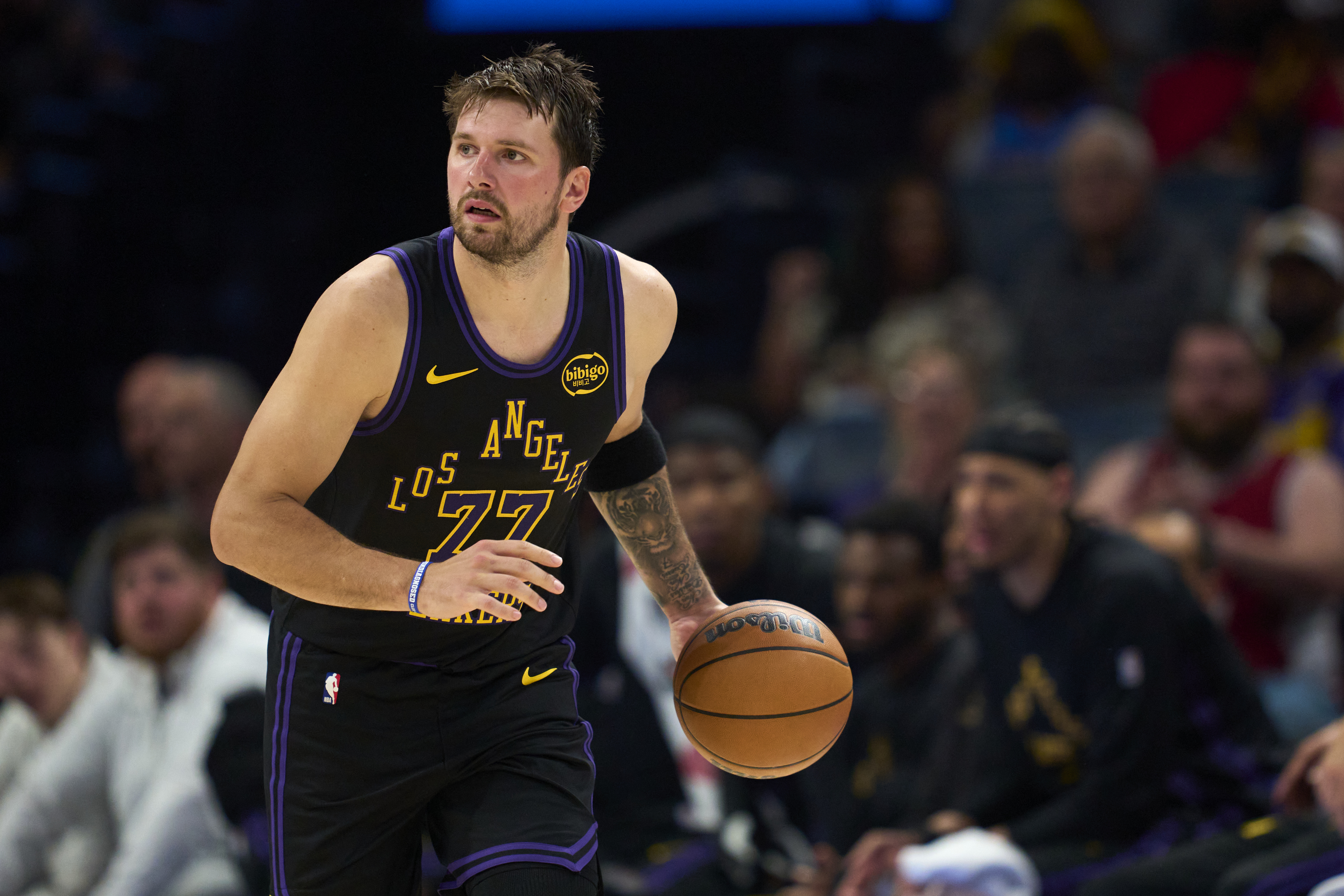  Luka Doncic #77 of the Los Angeles Lakers brings the ball up court against the Oklahoma City Thunder at the Paycom Center on April 2, 2026 in Oklahoma City, Oklahoma. NOTE TO USER: User expressly acknowledges and agrees that, by downloading and or using this photograph, User is consenting to the terms and conditions of the Getty Images License Agreement.  (Photo by Cooper Neill/Getty Images)