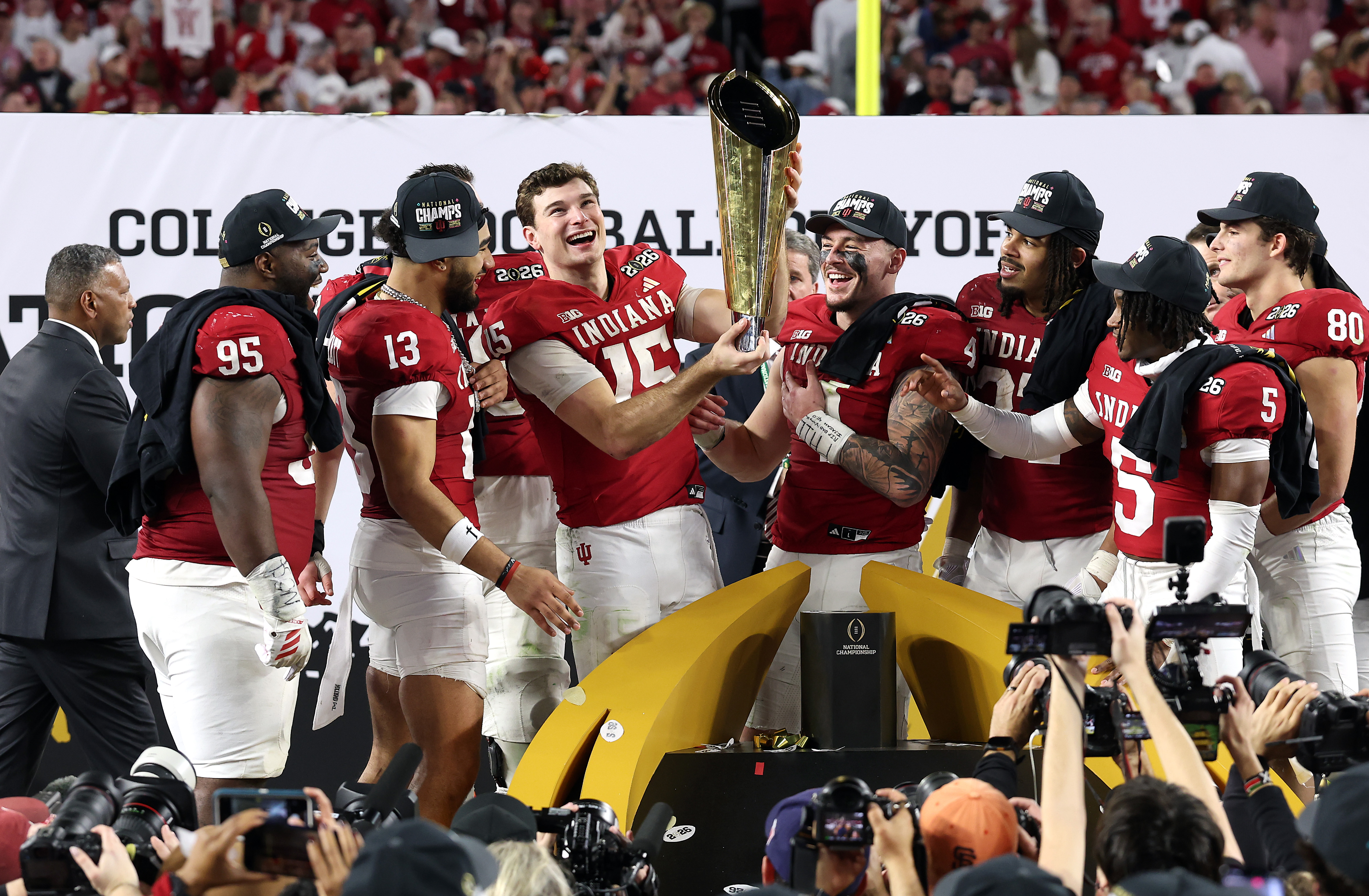 Fernando Mendoza and the Indiana Hoosiers won the 2026 College Football Playoff — the third consecutive championship for a Big Ten team.  (Jamie Squire/Getty Images)
