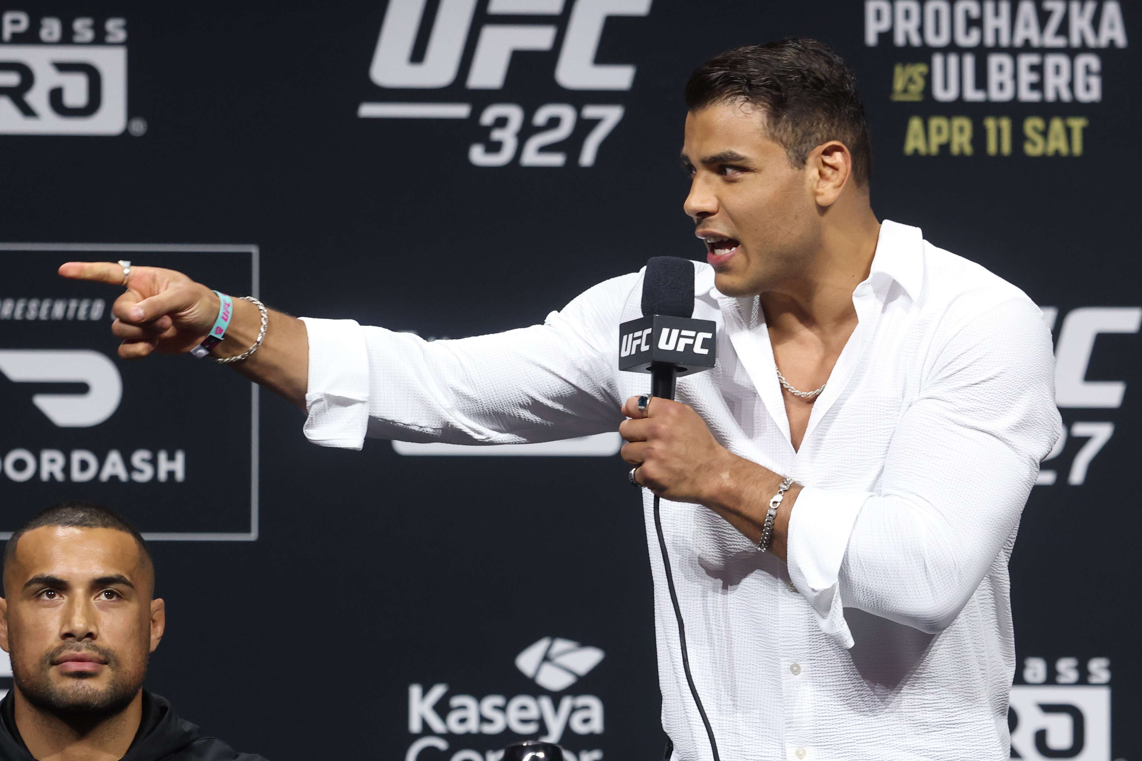 MIAMI, FLORIDA - APRIL 09: Paulo Costa of Brazil is seen on stage during the UFC 327 press conference at Kaseya Center on April 09, 2026 in Miami, Florida. (Photo by Ed Mulholland/Zuffa LLC)