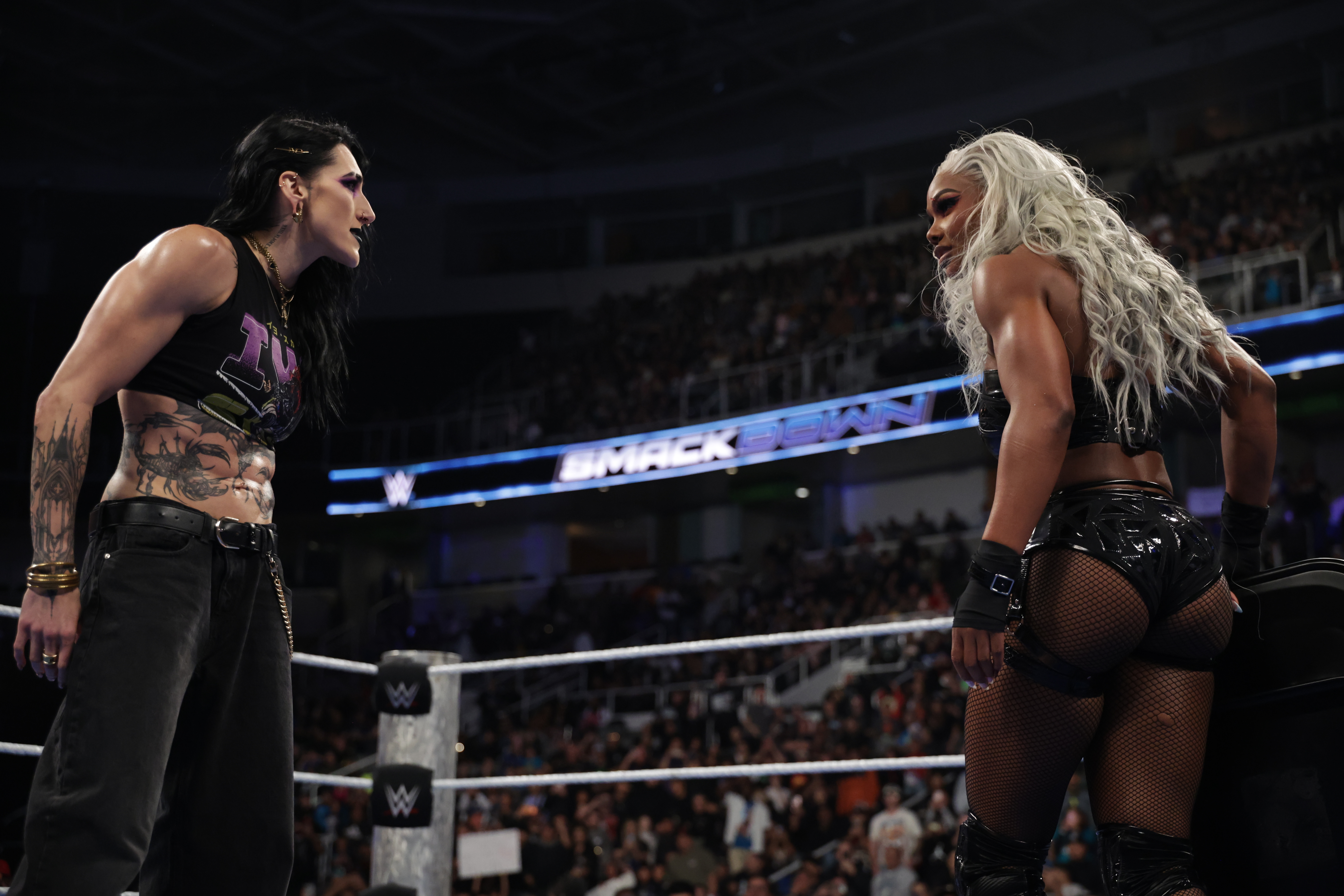 SAN JOSE, CALIFORNIA - APRIL 10: Rhea Ripley face off with Jade Cargill during SmackDown at SAP Center on April 10, 2026 in San Jose, California.  (Photo by Melina Pizano/WWE via Getty Images)