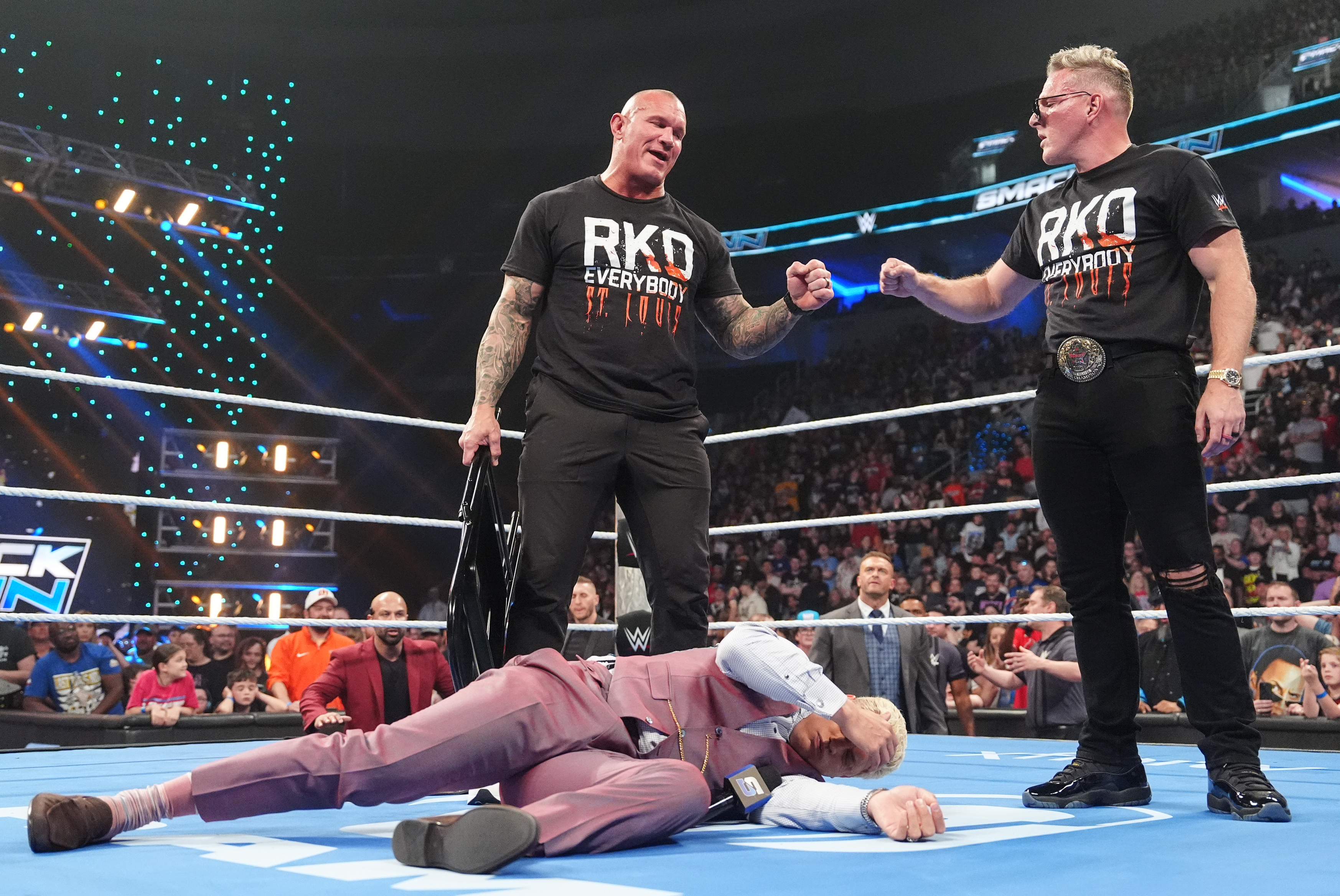 ST LOUIS, MISSOURI - APRIL 3: Pat McAfee (R) joins forces with Randy Orton (L) during SmackDown at Enterprise Center on April 3, 2026 in St Louis, Missouri.  (Photo by Georgiana Dallas/WWE via Getty Images)