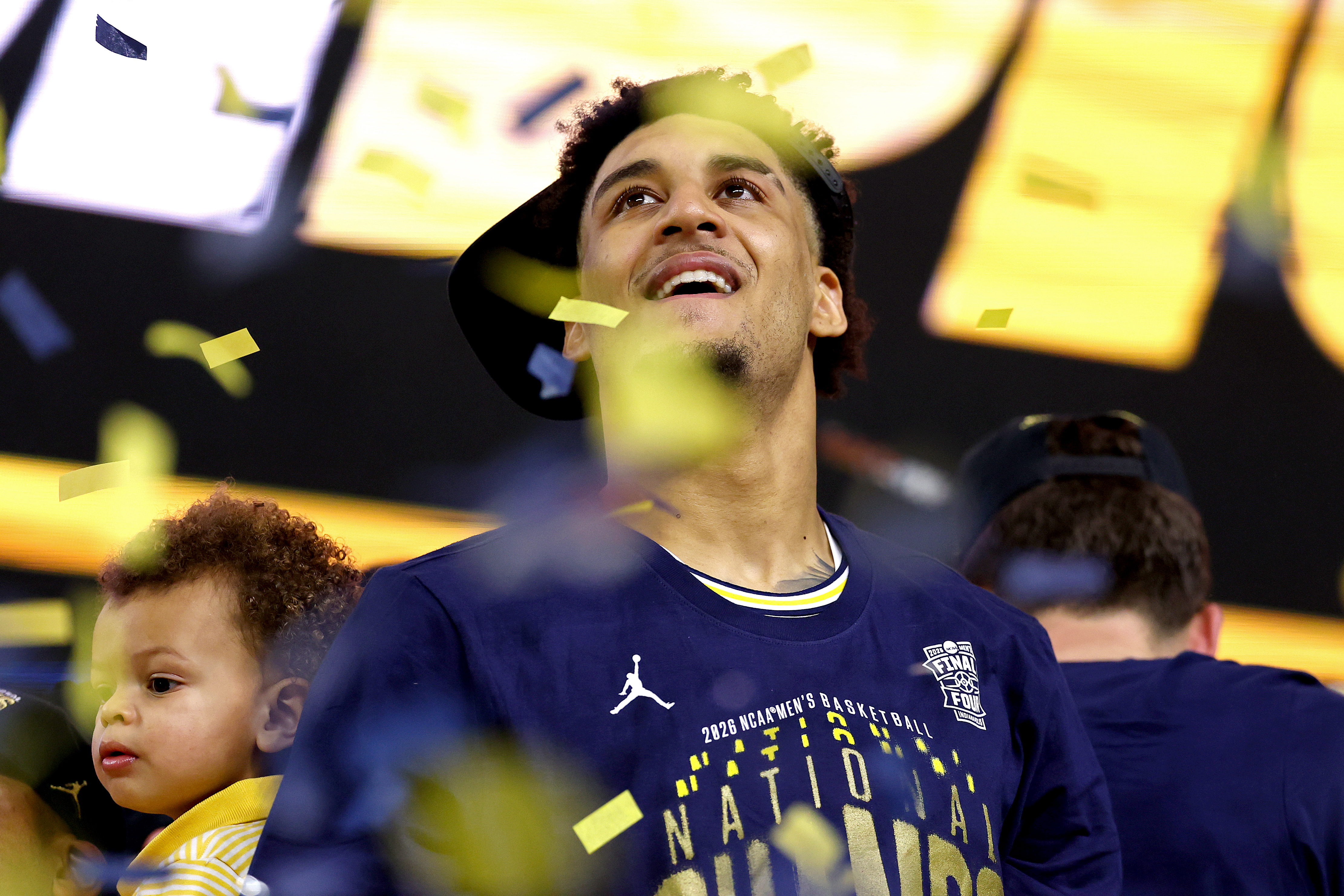 INDIANAPOLIS, INDIANA - APRIL 06: Yaxel Lendeborg #23 of the Michigan Wolverines looks on defeating the UConn Huskies 69-63 in the National Championship of the 2026 NCAA Men's Basketball Tournament at Lucas Oil Stadium on April 06, 2026 in Indianapolis, Indiana. (Photo by Patrick Smith/Getty Images)