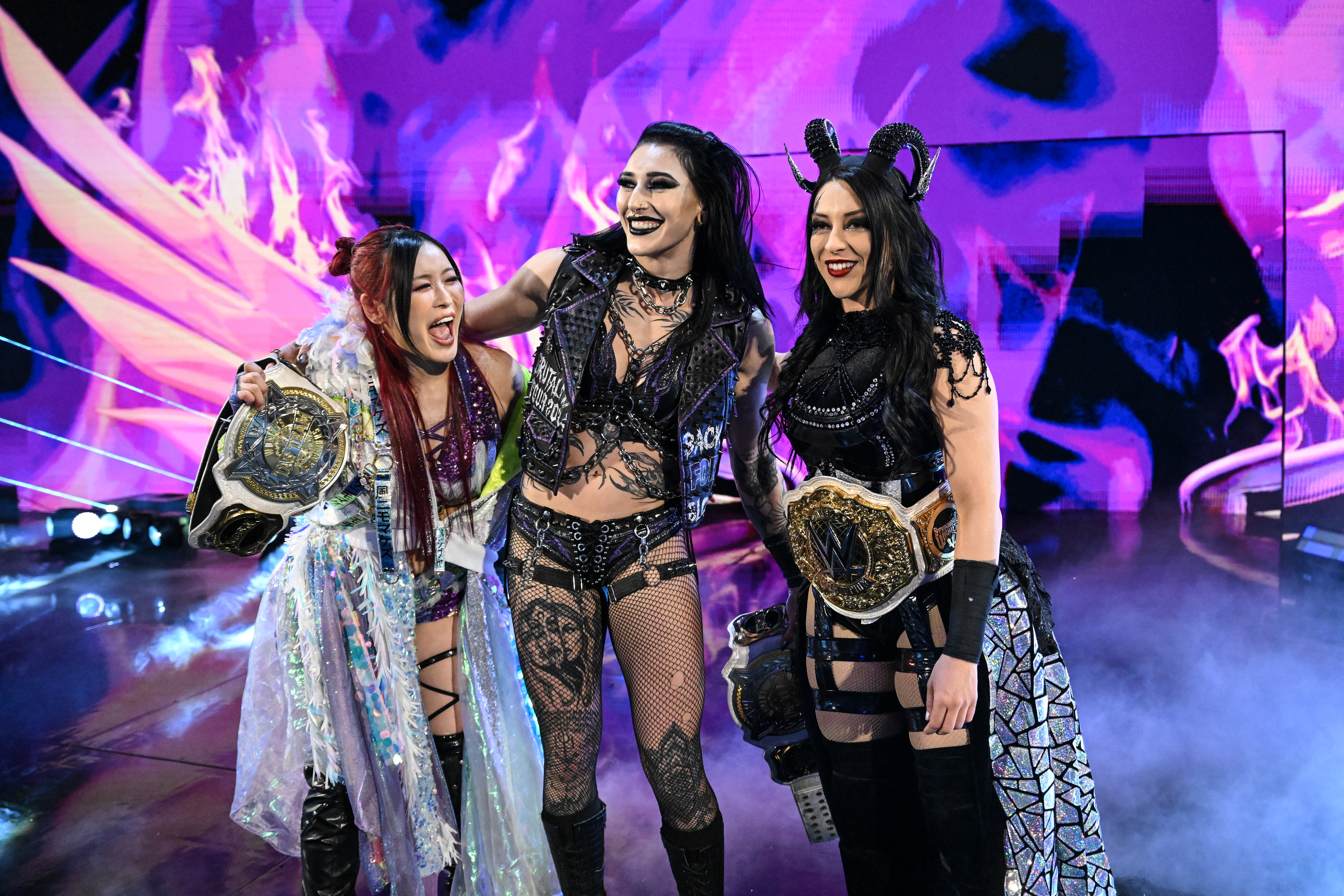 TORONTO, CANADA - JANUARY 26: Iyo Sky, Rhea Ripley and Stephanie Vaquer make their way to the ring during Monday Night RAW at Scotiabank Arena on January 26, 2026 in Toronto, Canada.  (Photo by Rich Wade/WWE via Getty Images)
