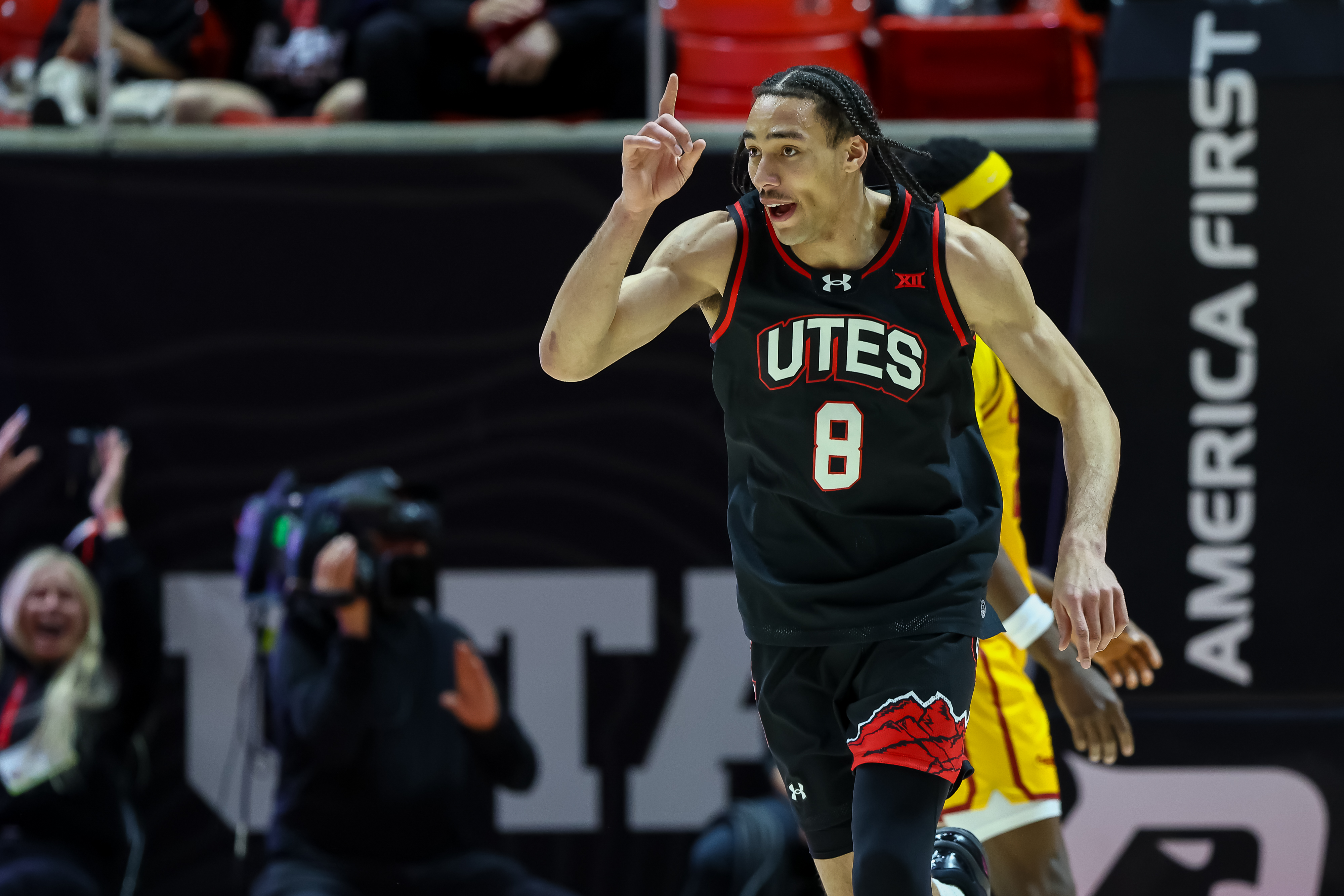 SALT LAKE CITY, UTAH - FEBRUARY 24: Keanu Dawes #8 of the Utah Utes reacts after the play during the second half of the game between Iowa State Cyclones and Utah Utes at Jon M. Huntsman Center on February 24, 2026 in Salt Lake City, Utah. (Photo by Bryan Byerly/ISI Photos/ISI Photos via Getty Images)