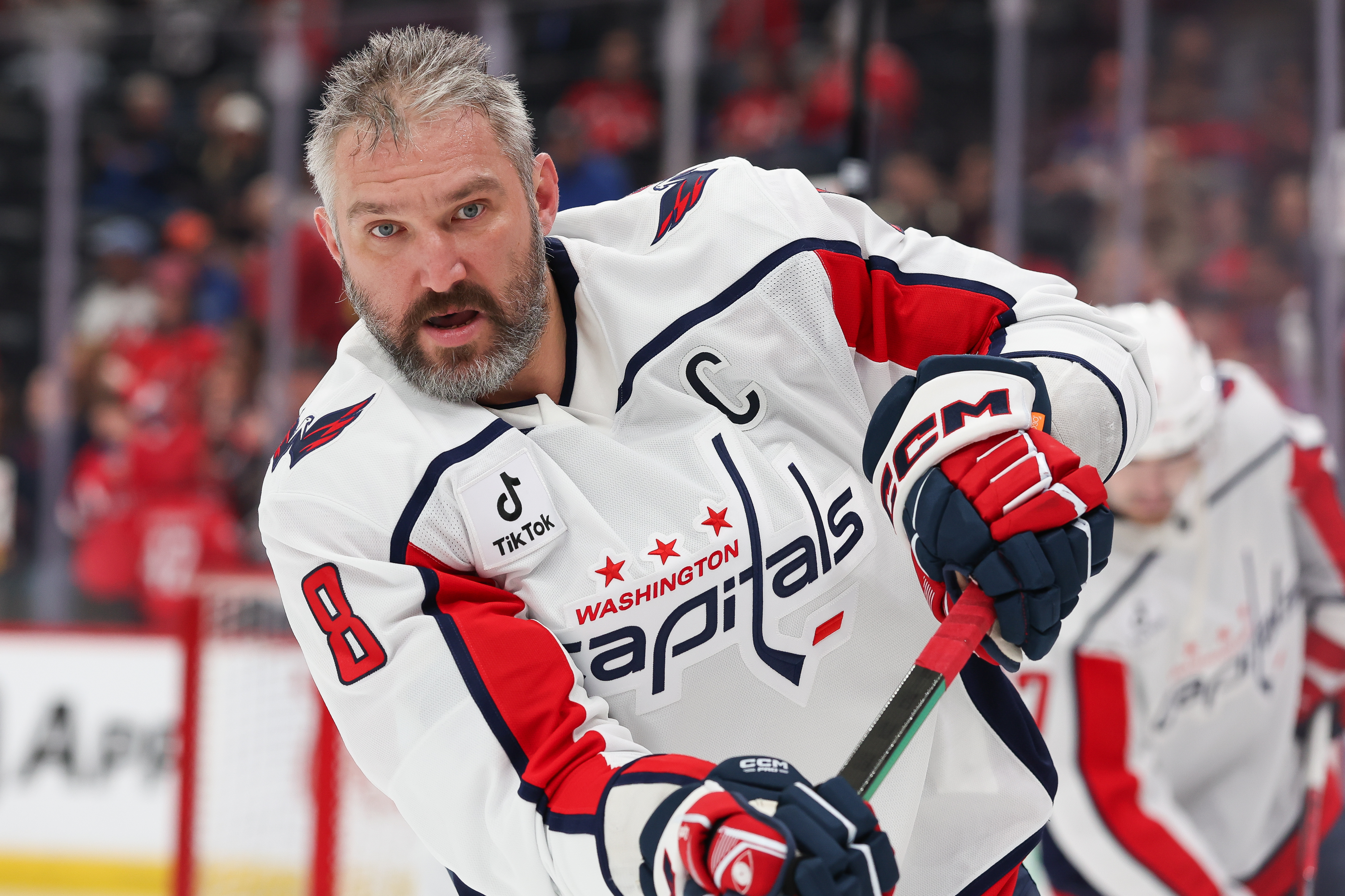 NEWARK, NJ - APRIL 02: Alex Ovechkin #8 of the Washington Capitals warms up before a NHL game between the Washington Capitals and New Jersey Devils at Prudential Center on April 2, 2026 in Newark, New Jersey.  (Photo by Andrew Mordzynski/Icon Sportswire via Getty Images)