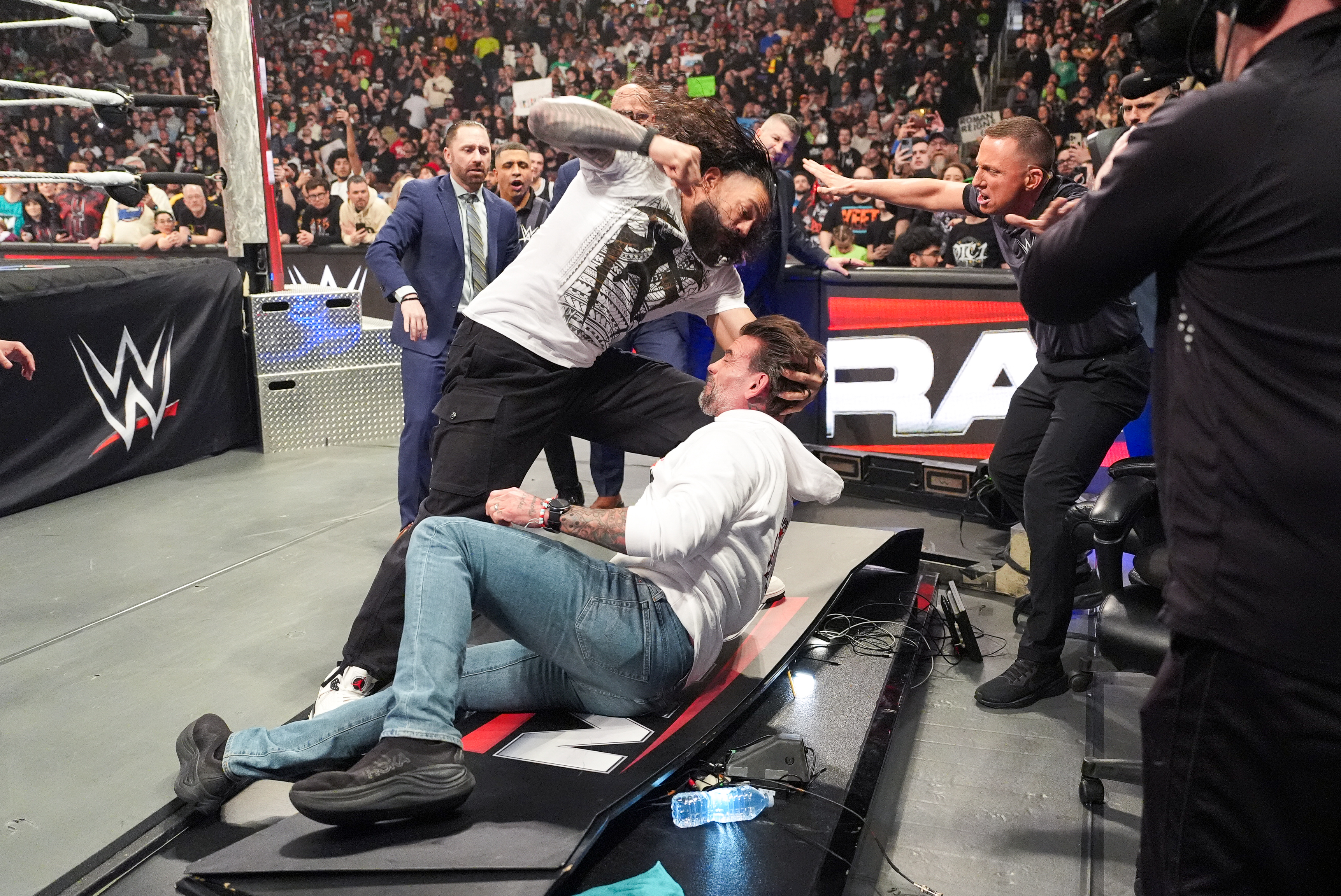 BOSTON, MASSACHUSETTS - MARCH 23: Roman Reigns in action against CM Punk during Monday Night RAW at TD Garden on March 23, 2026 in Boston, Massachusetts.  (Photo by Rich Freeda/WWE via Getty Images)