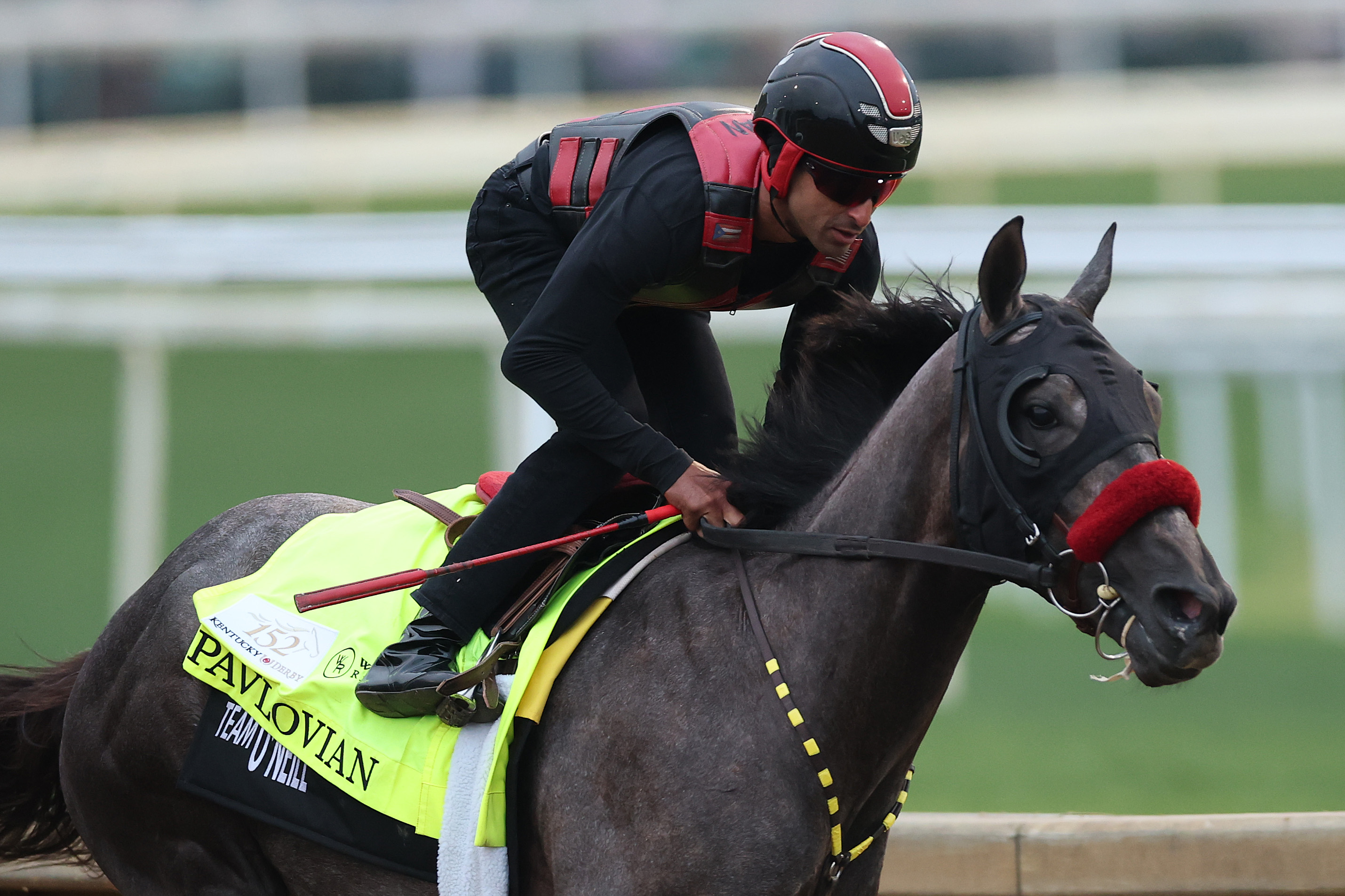 LOUISVILLE, KENTUCKY - APRIL 26: Pavlovian, with jockey Edwin Maldonado aboard, trains on the track during morning workouts ahead of the running of the 152nd Kentucky Derby at Churchill Downs on April 26, 2026 in Louisville, Kentucky. (Photo by Michael Reaves/Getty Images)