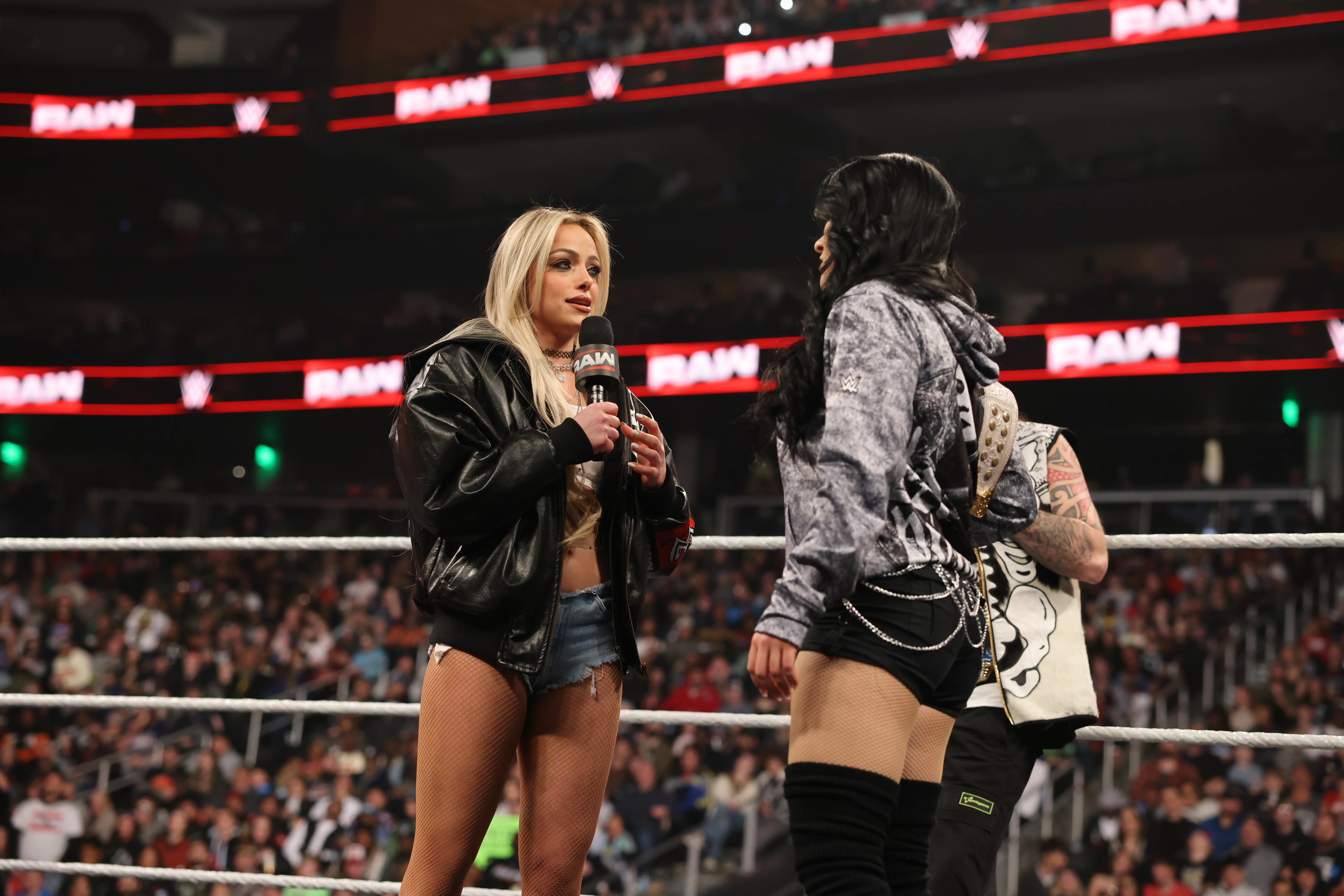 ATLANTA, GEORGIA - FEBRUARY 23: Liv Morgan addresses Stephanie Vaquer Monday Night RAW at State Farm Arena on February 23, 2026 in Atlanta, Georgia.  (Photo by Bradlee Rutledge/WWE via Getty Images)