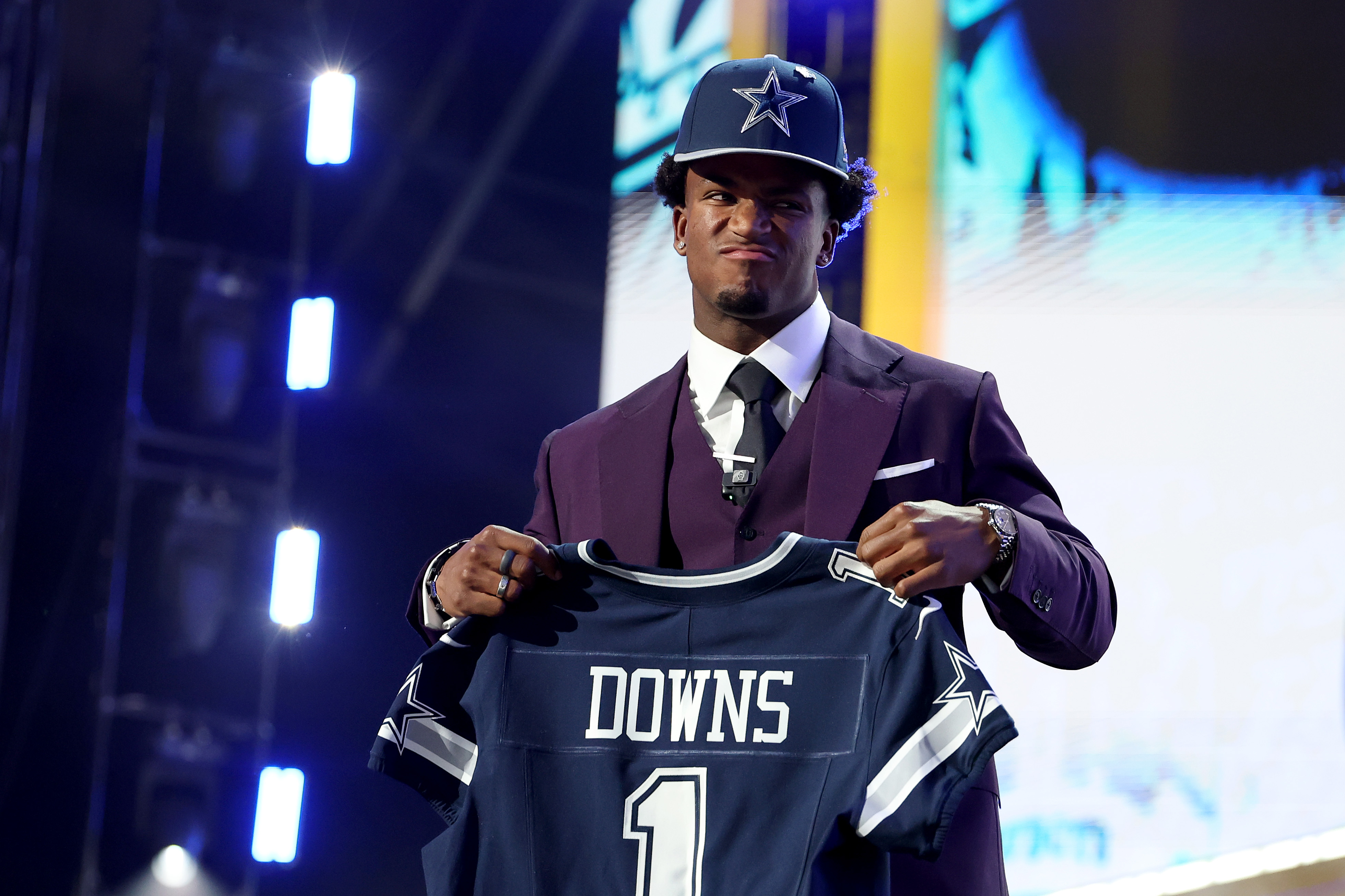 Caleb Downs of Ohio State celebrates after being selected by the Cowboys on Thursday night. (Photo by Emilee Chinn/Getty Images)